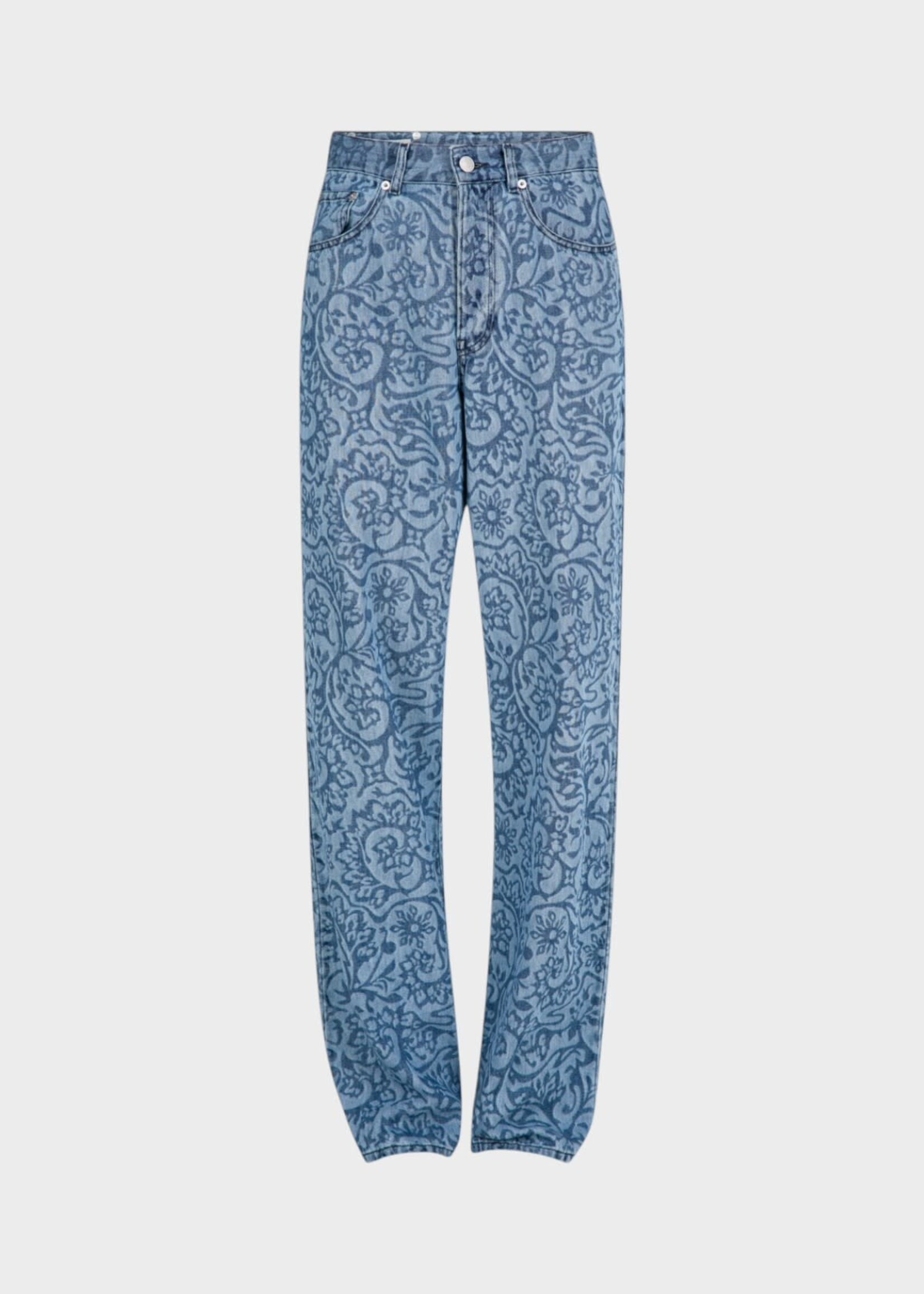 Dries Van Noten Dries Van Noten Jeans, Blue, Peyton Cotton Straight Leg Denim Pants In Blue w/ All Over Lasered Design