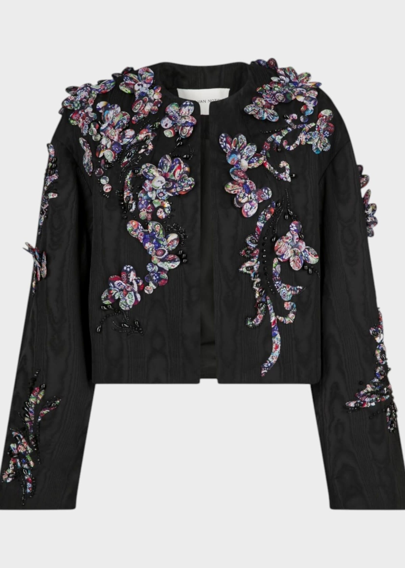 Dries Van Noten Dries Van Noten Jacket, Black, Vonda Fitted Cropped Jacket Viscose In Black w/ Moiré  Effect & Floral Embroidery