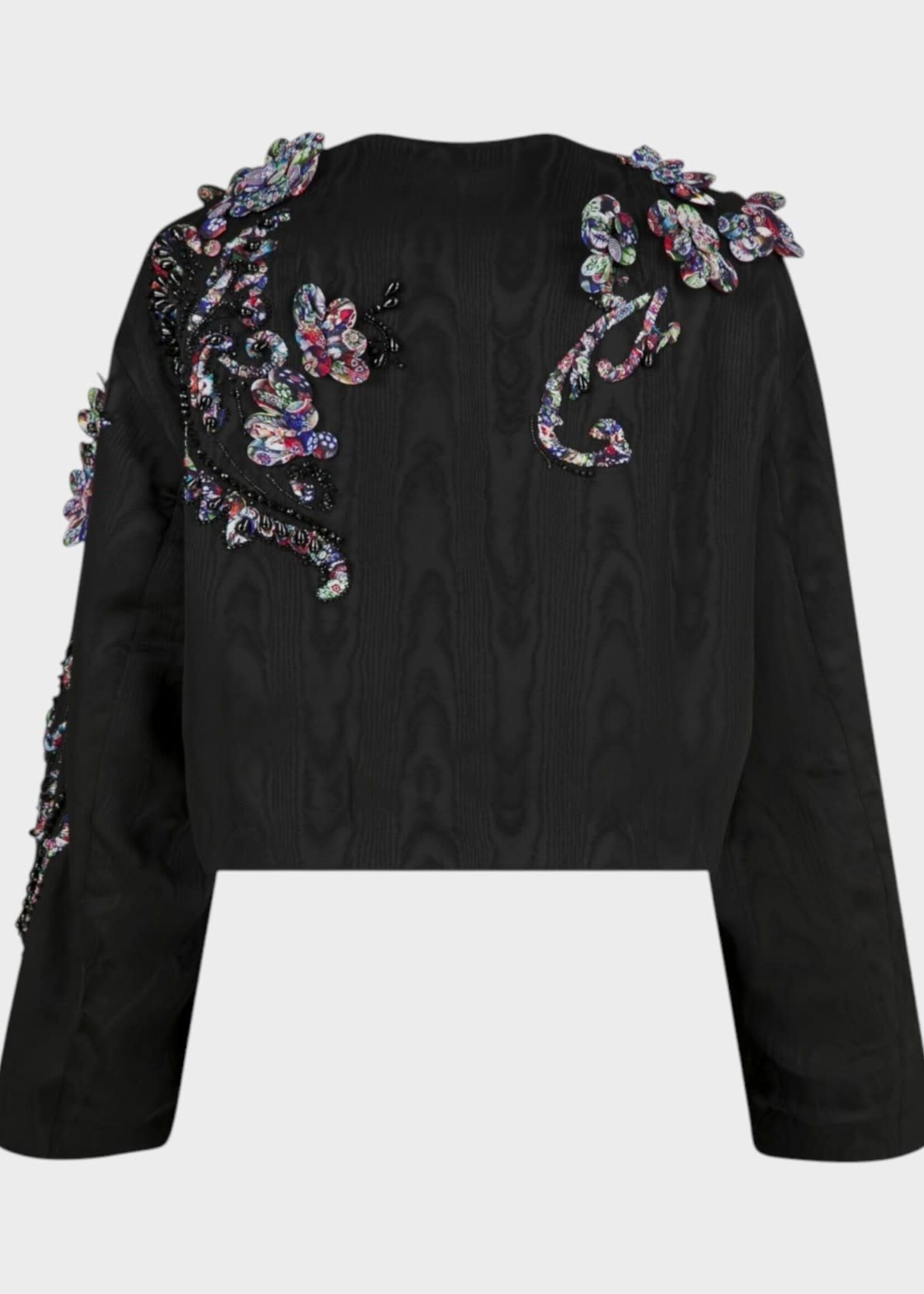 Dries Van Noten Dries Van Noten Jacket, Black, Vonda Fitted Cropped Jacket Viscose In Black w/ Moiré  Effect & Floral Embroidery