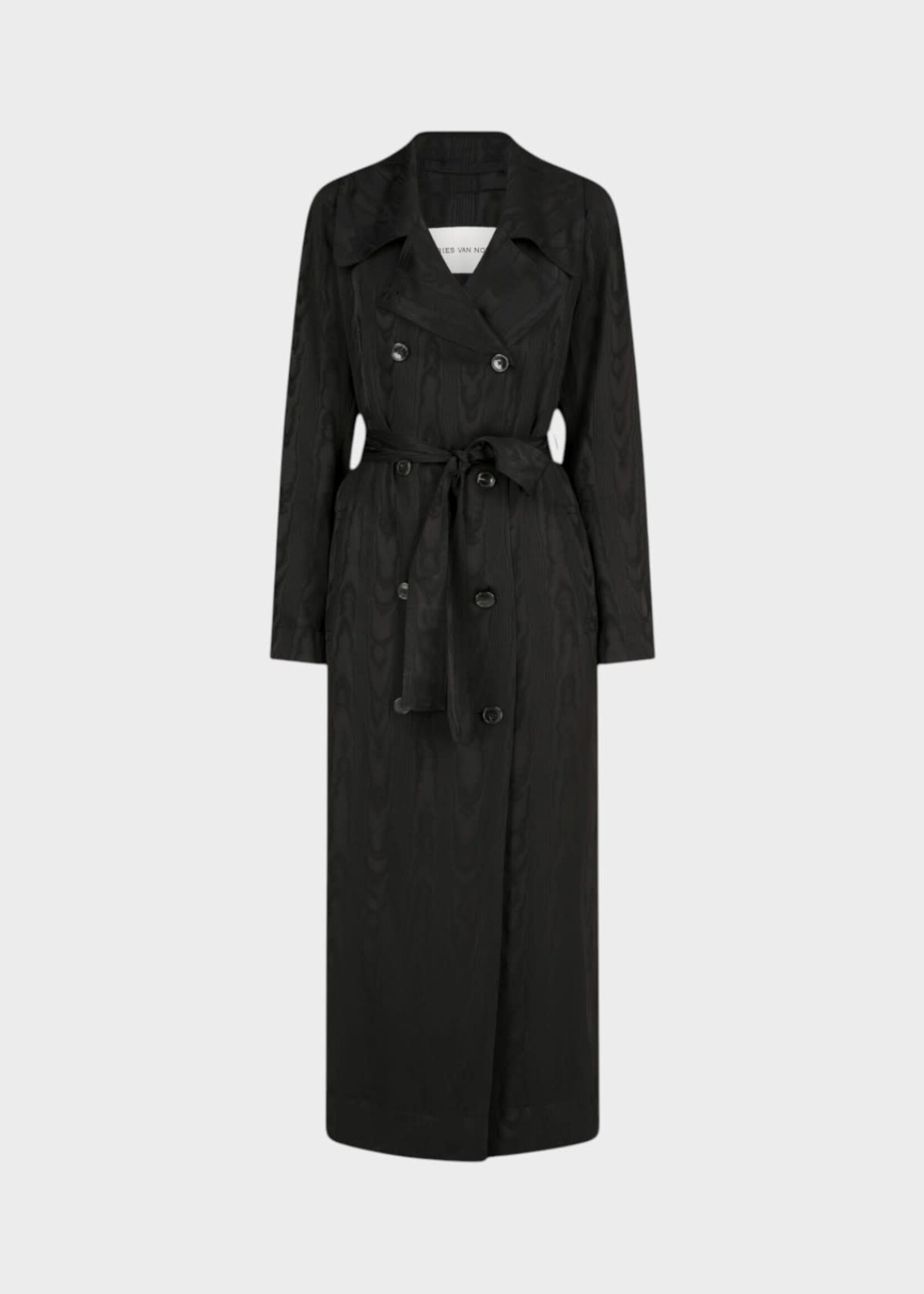 Dries Van Noten Dries Van Noten Coat, Black, Rolana Belted Trech Coat In Black w/ Moiré Effect