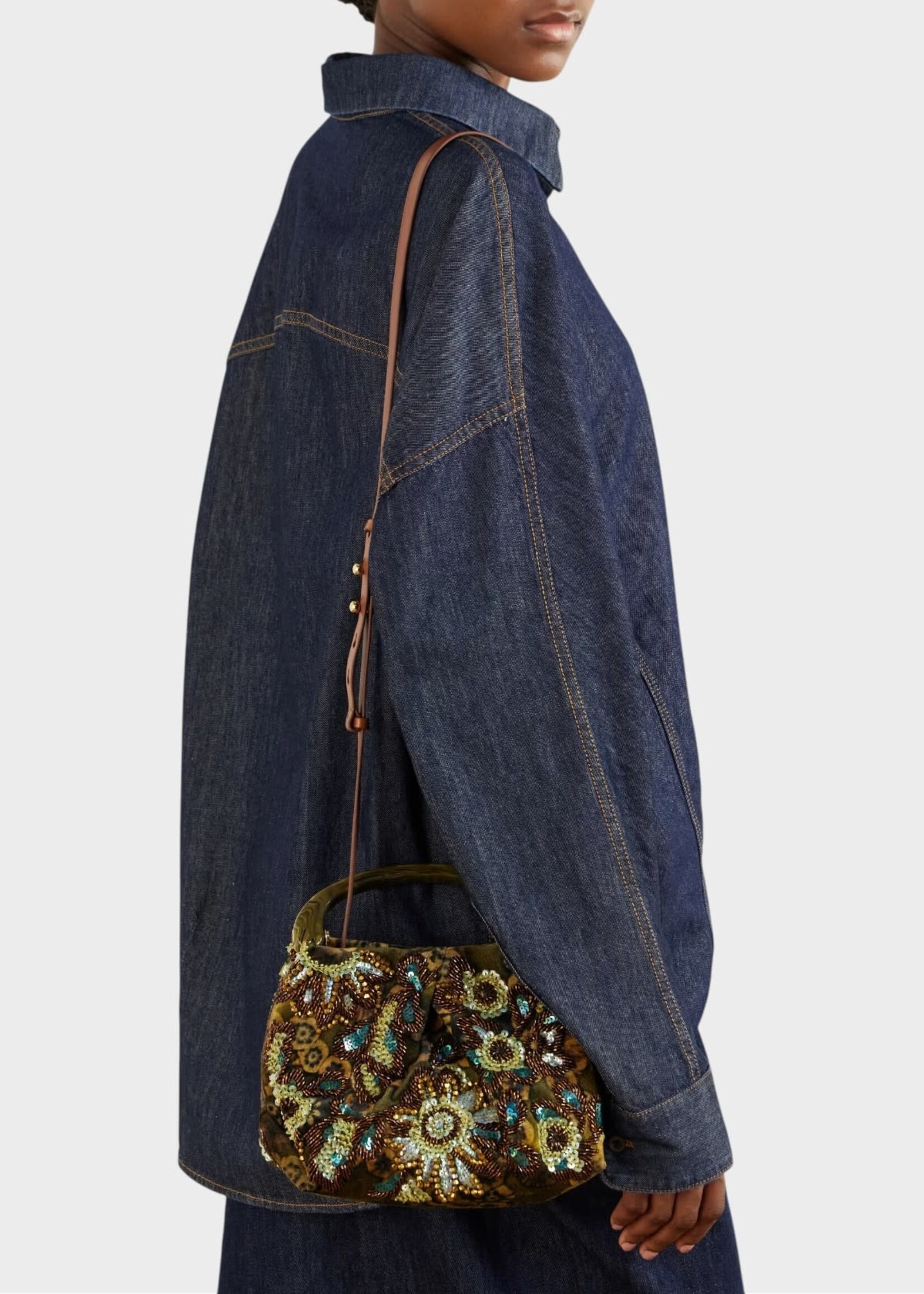 Dries Van Noten Dries Van Noten Bag, Khaki, Crisp Leather Resin Top Handle Bag In Khaki w/ Embroidery