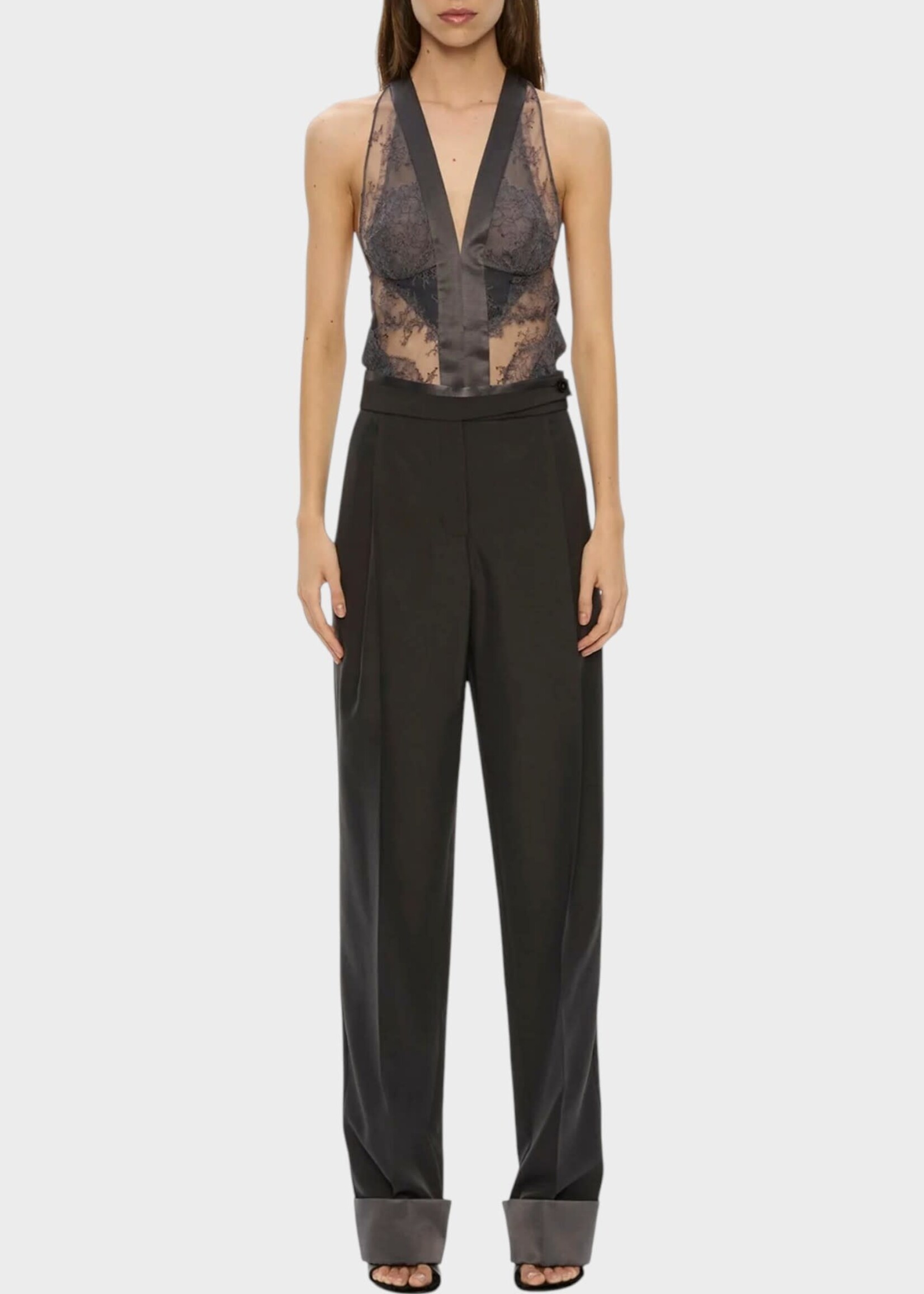 Christopher Esber Christopher Esber Trousers, Grey, Rowan Silk & Wool Sateen Suiting Cuffed Pants In Dark Smoke