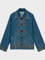 Bode Bode Jacket, Blue, Rawlins Denim Jacket In Blue Multi w/ Red & Yellow Chainstitching