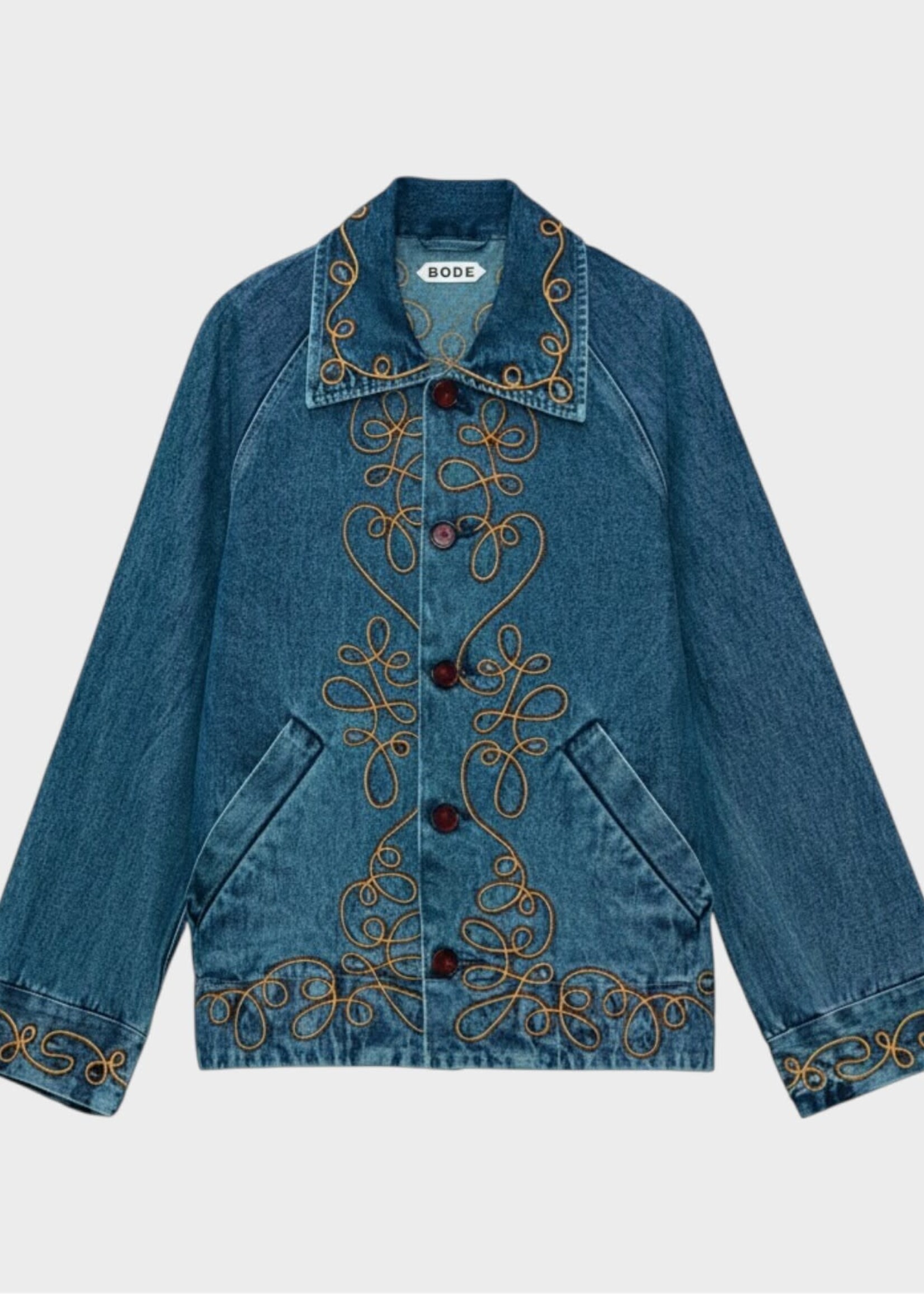 Bode Bode Jacket, Blue, Rawlins Denim Jacket In Blue Multi w/ Red & Yellow Chainstitching