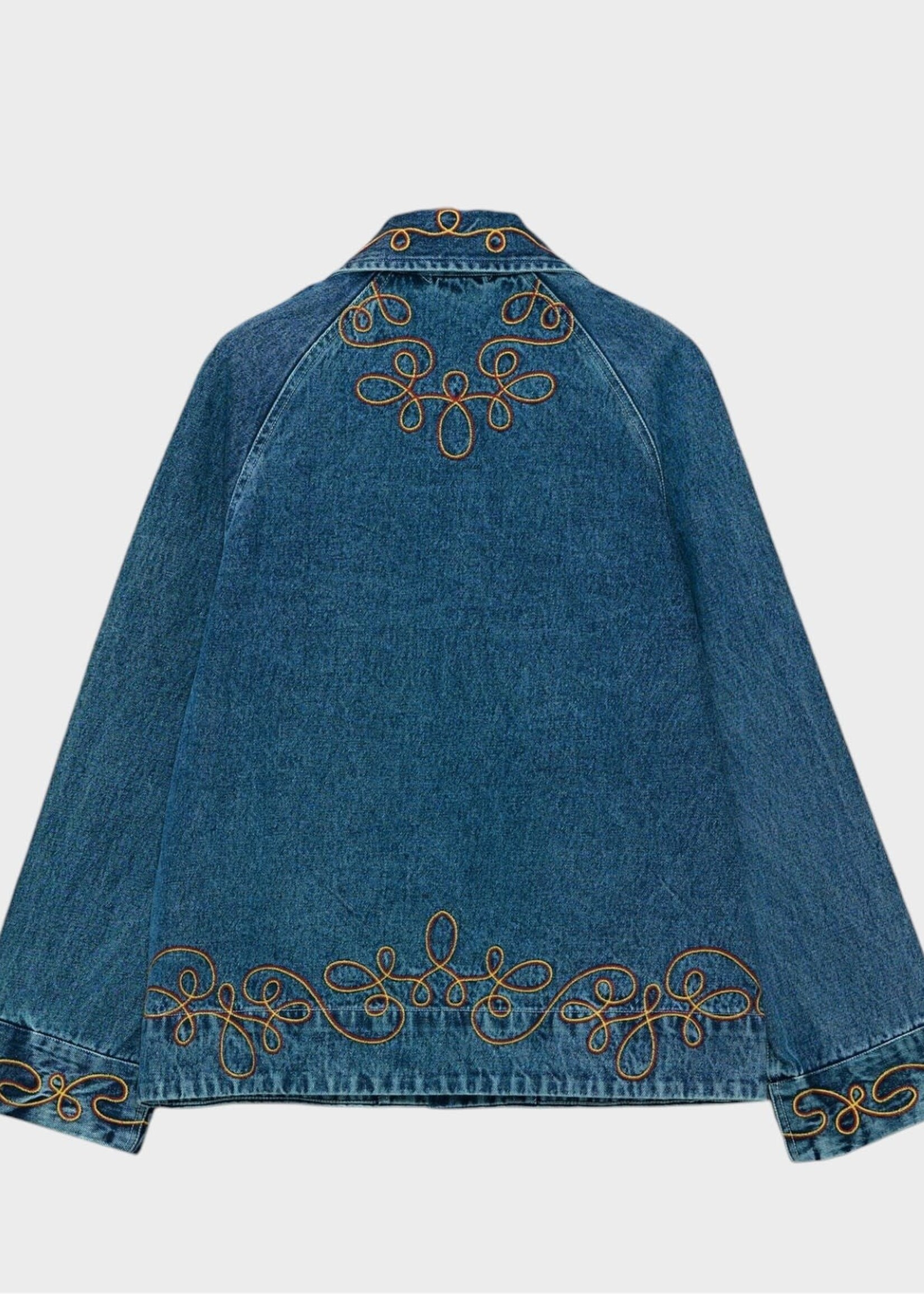 Bode Bode Jacket, Blue, Rawlins Denim Jacket In Blue Multi w/ Red & Yellow Chainstitching