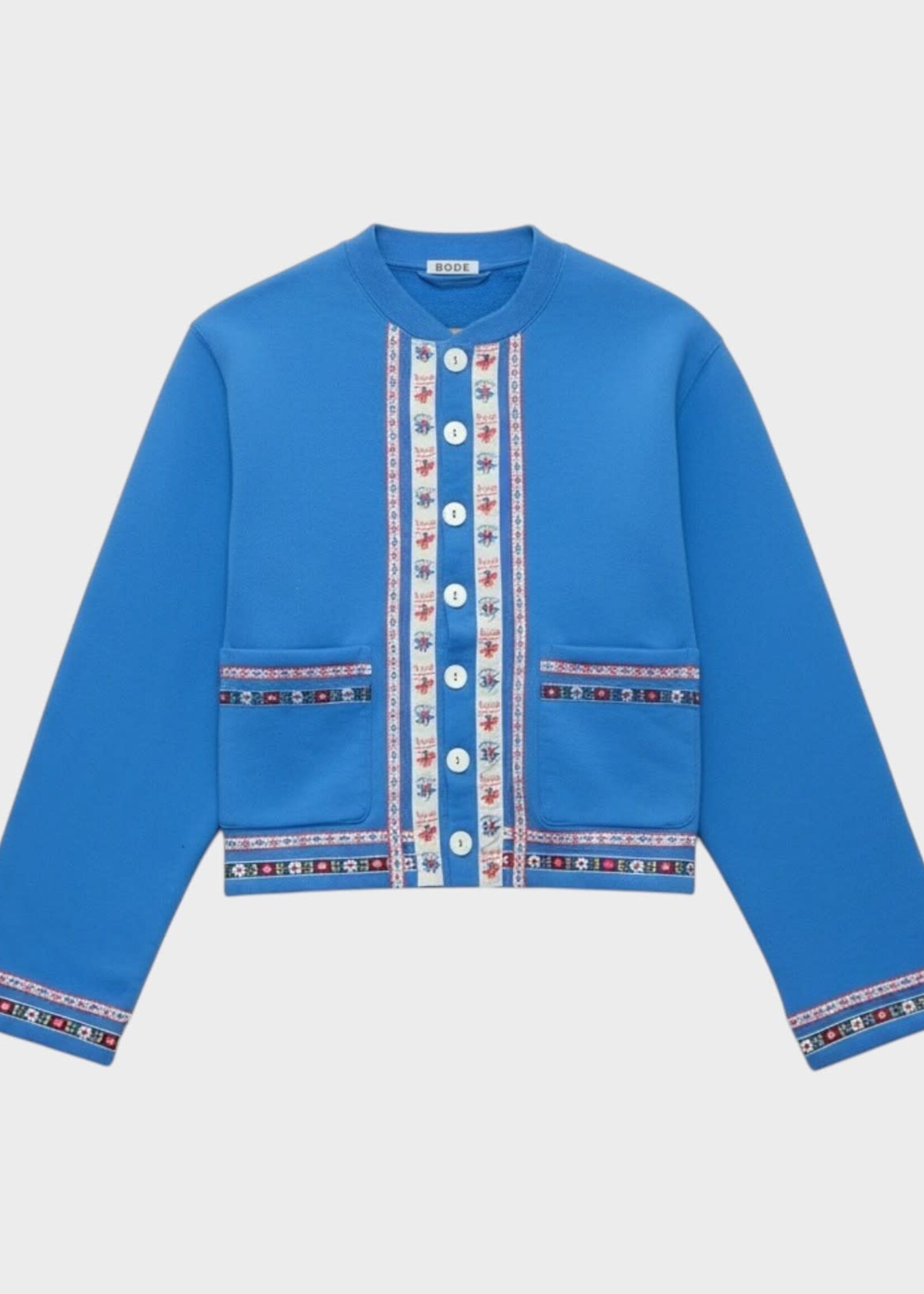 Bode Bode Knitwear, Blue, Cotton Ribbon Cardigan In Blue w/ Appliquéd Ribbons