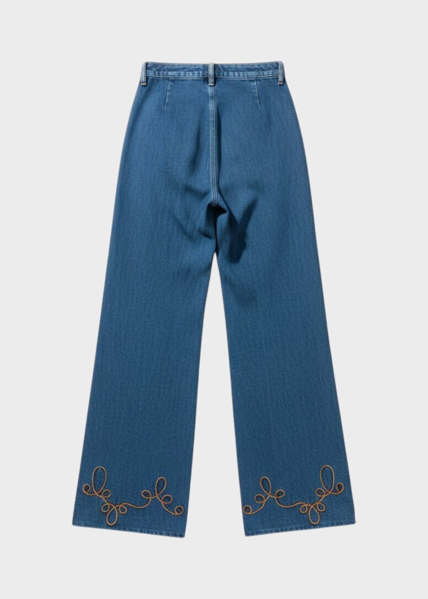 Bode Bode Jeans, Blue, Rawlins Sailor Denim Pants In Blue Multi w/ Red & Yellow Chainstitching