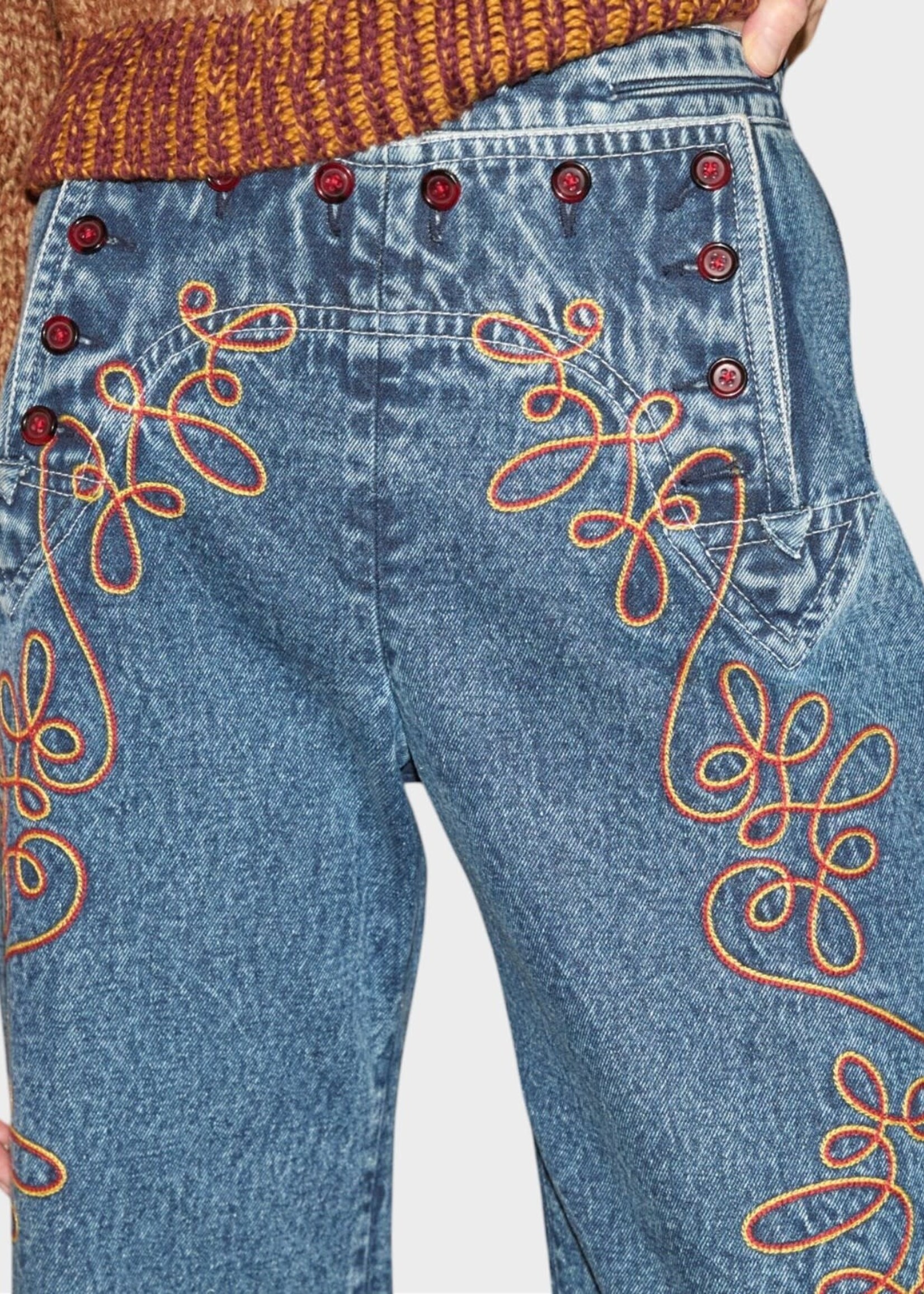 Bode Bode Jeans, Blue, Rawlins Sailor Denim Pants In Blue Multi w/ Red & Yellow Chainstitching