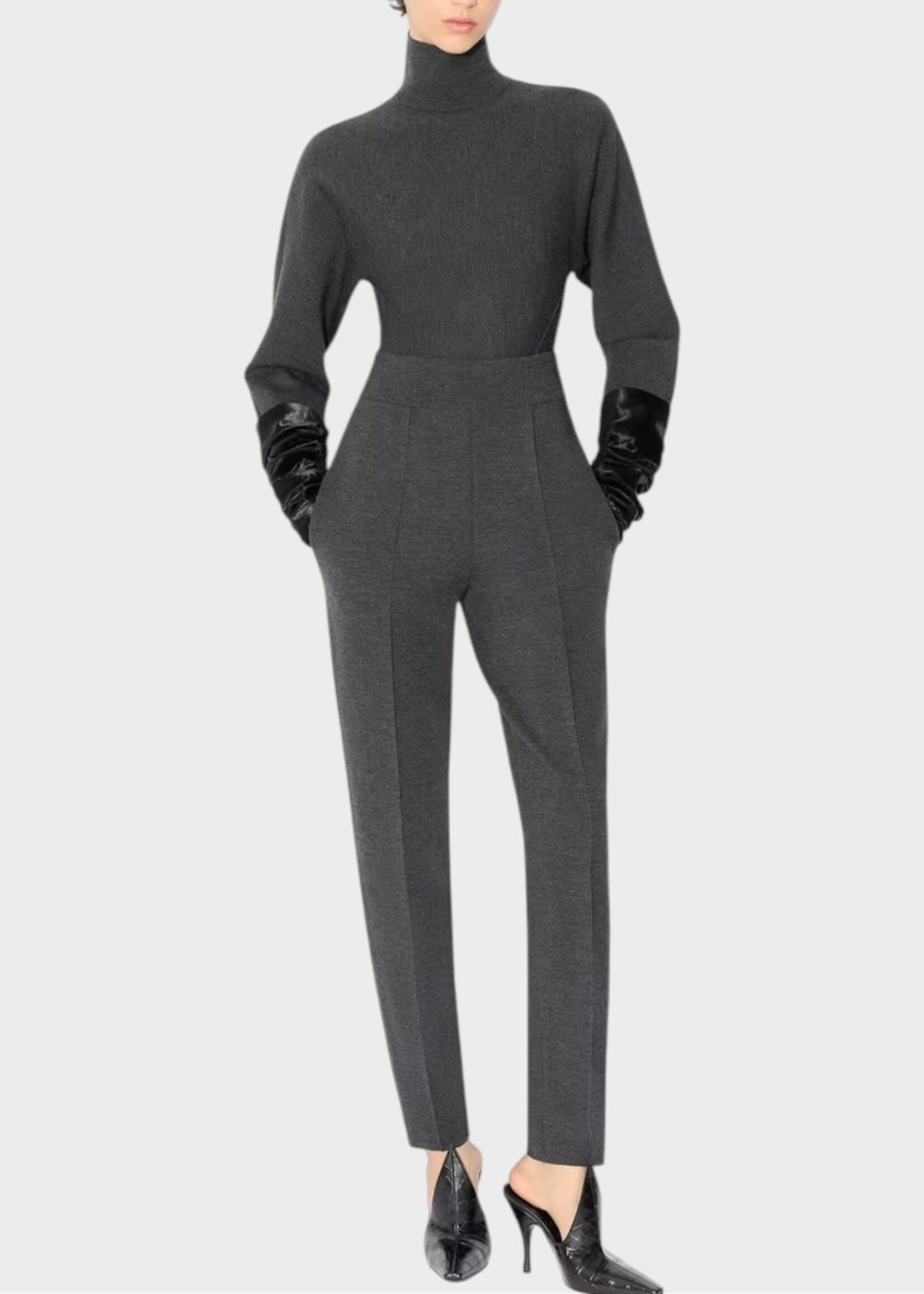 Alaia Alaia Knitwear, Grey, Wool Knit High Neck Cinched Jumper In Charcoal