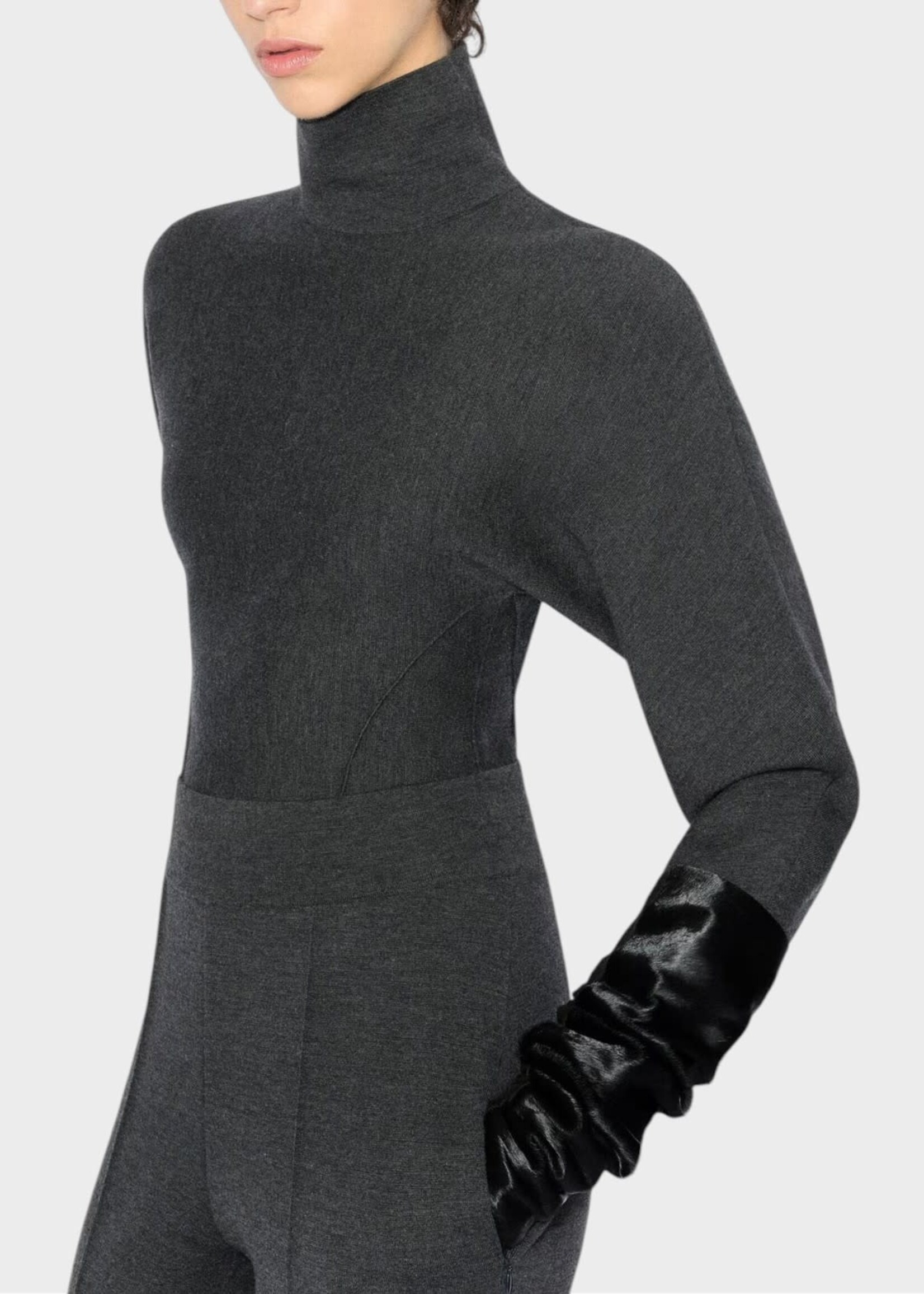 Alaia Alaia Knitwear, Grey, Wool Knit High Neck Cinched Jumper In Charcoal