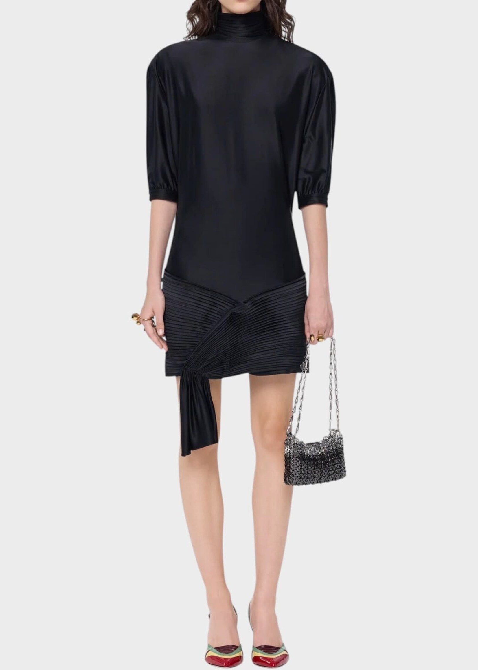 Rabanne Rabanne Dress, Black, Turtleneck Short Sleeve Mini Dress In Black w/ Ruched Details