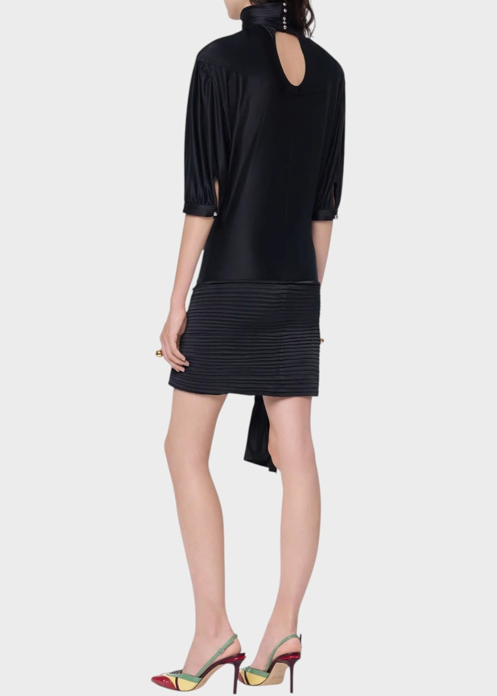 Rabanne Rabanne Dress, Black, Turtleneck Short Sleeve Mini Dress In Black w/ Ruched Details