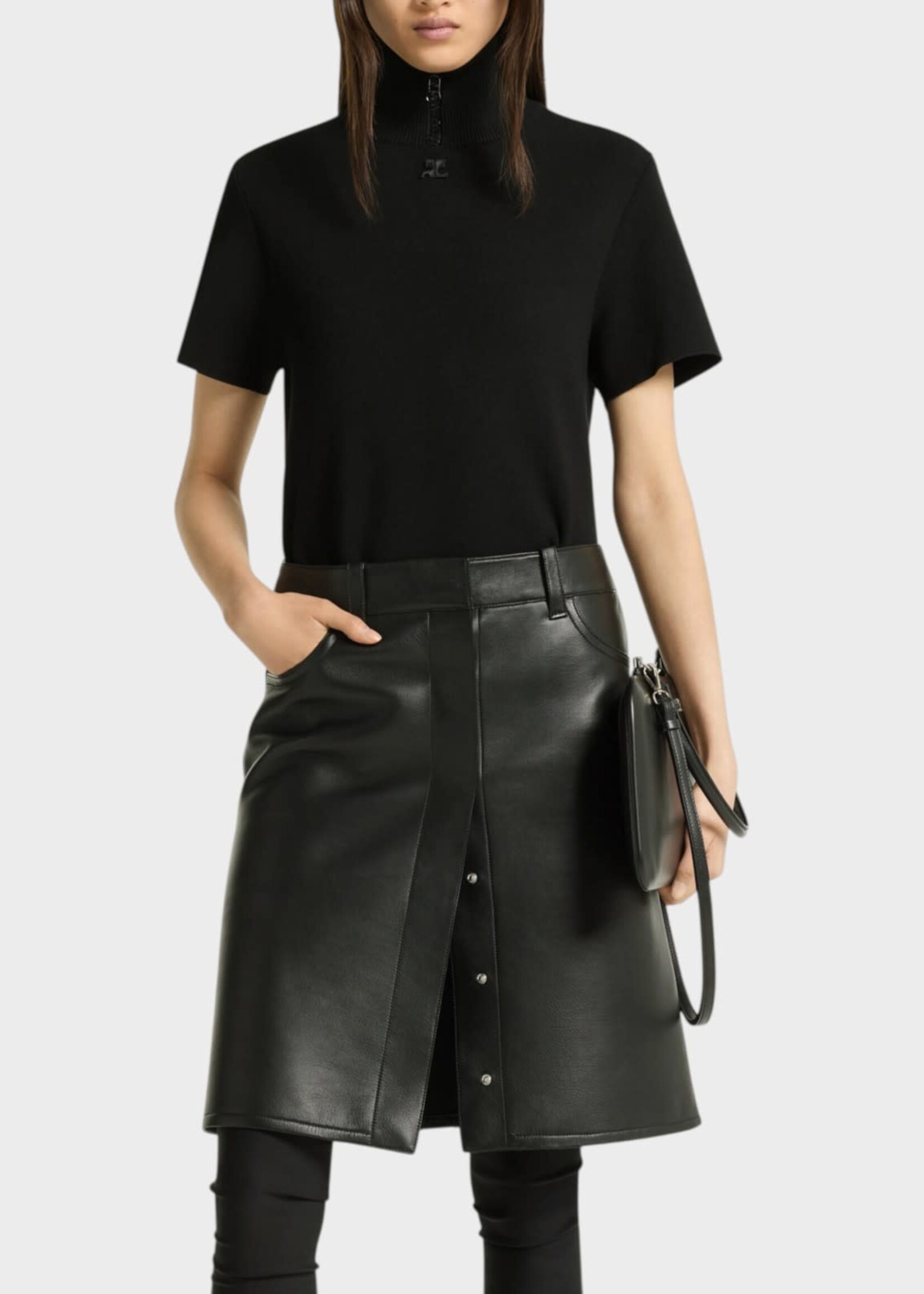 Courreges Courreges Top, Black, Milano Zipped Mock neck Short Sleeve Top In Black