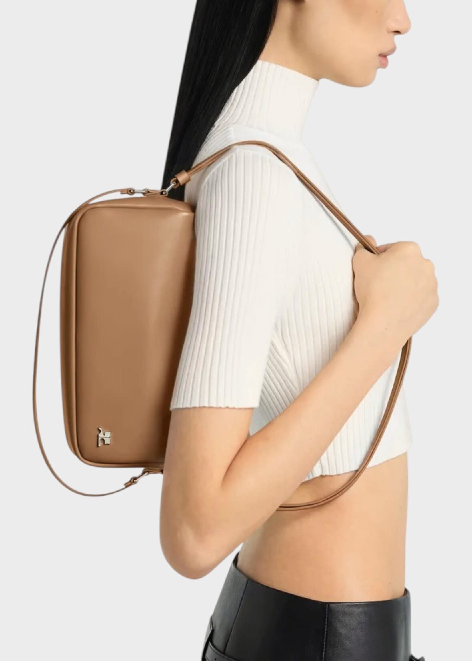 Courreges Courreges Bag, Brown, Three Sixty Calf Leather Small Shoulder Bag In Bronze