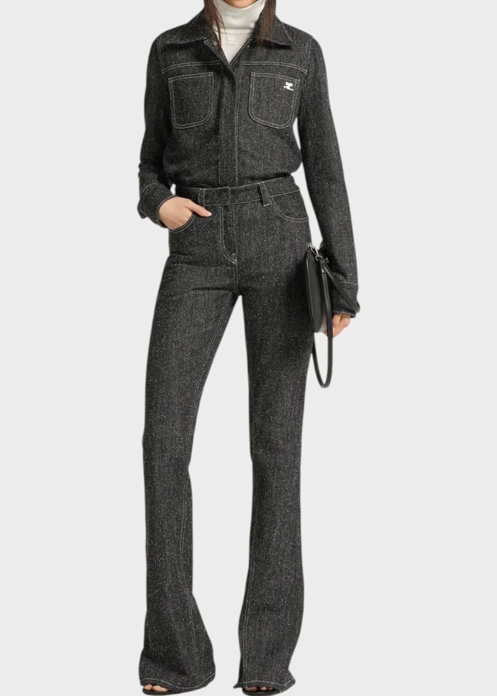 Courreges Courreges Trousers, Grey, Snap Denim Tweed Straight Pants In Black & Heritage White