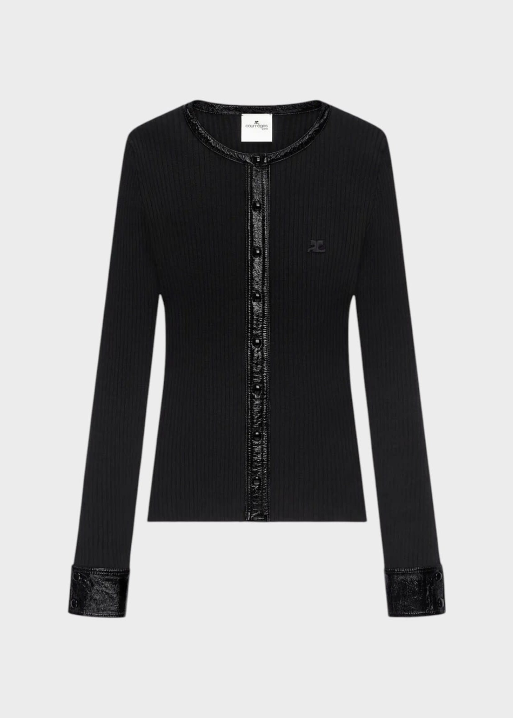 Courreges Courreges Knitwear, Black, Crew Neck Contrasted Vinyl Rib Knit Cardigan In Black