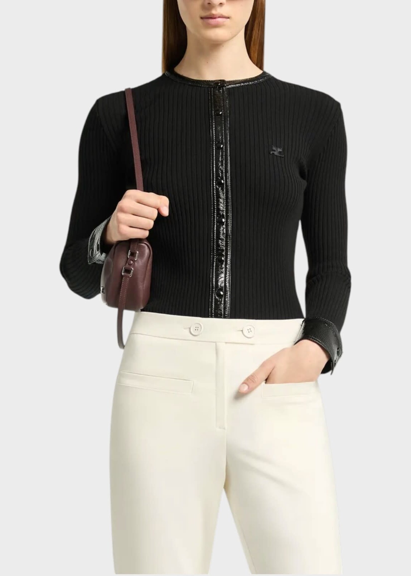 Courreges Courreges Knitwear, Black, Crew Neck Contrasted Vinyl Rib Knit Cardigan In Black
