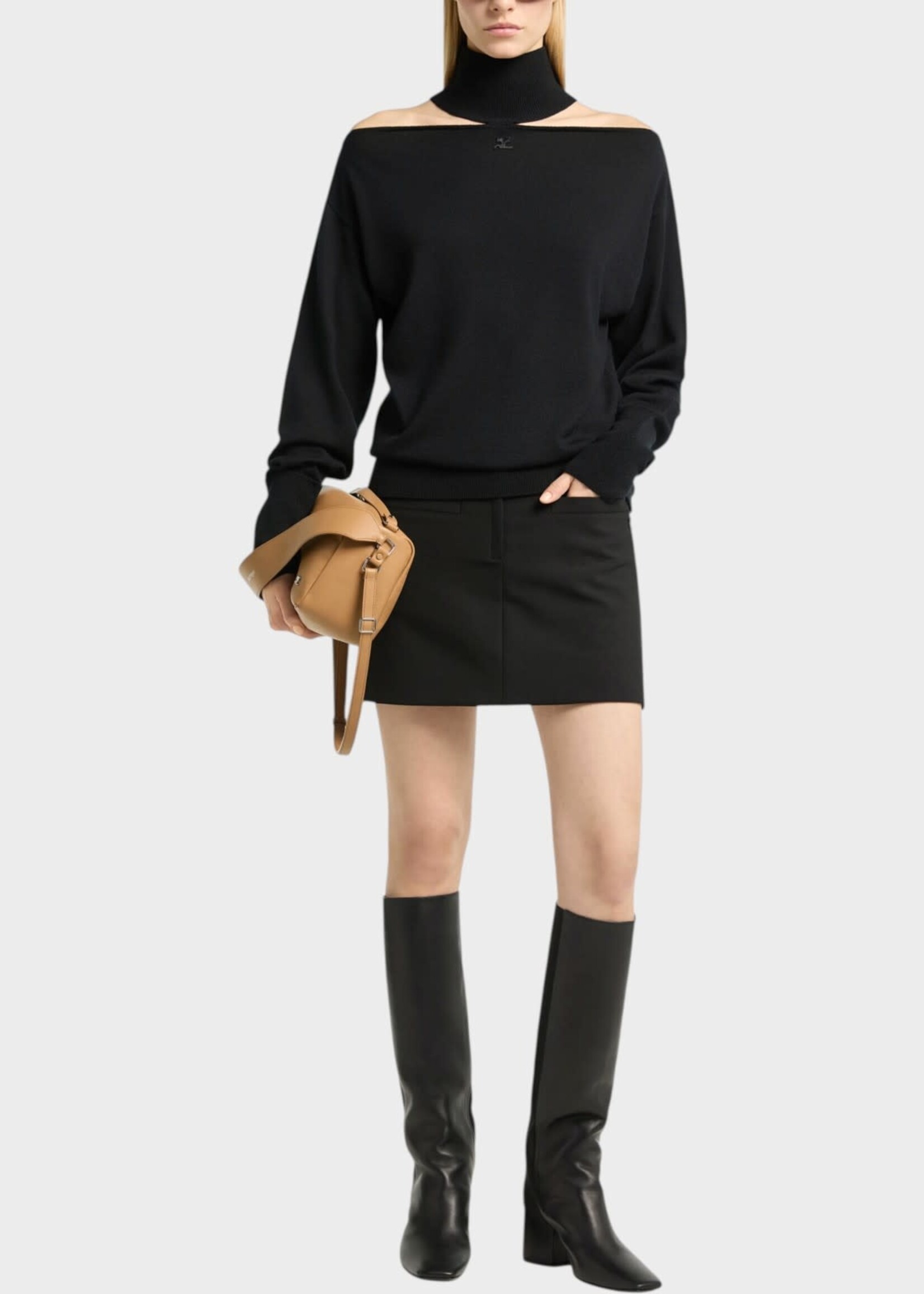 Courreges Courreges Knitwear, Black, Merino Wool High Neck Cut Out Sweater In Black