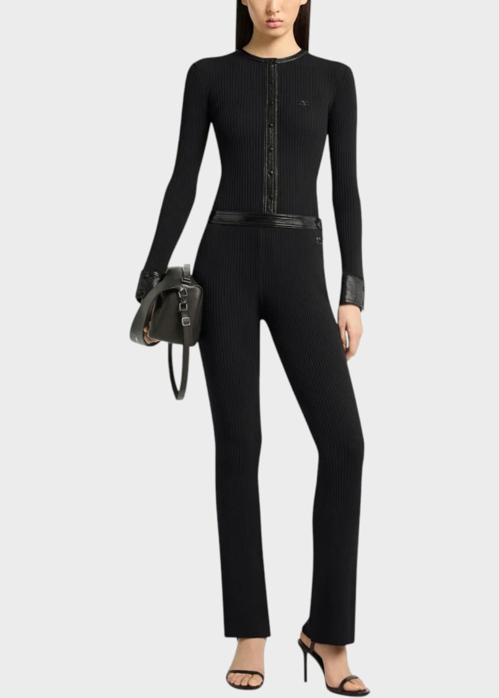 Courreges Courreges Trousers, Black, Contrasted Vinyl Rib Knit Flare Pants In Black