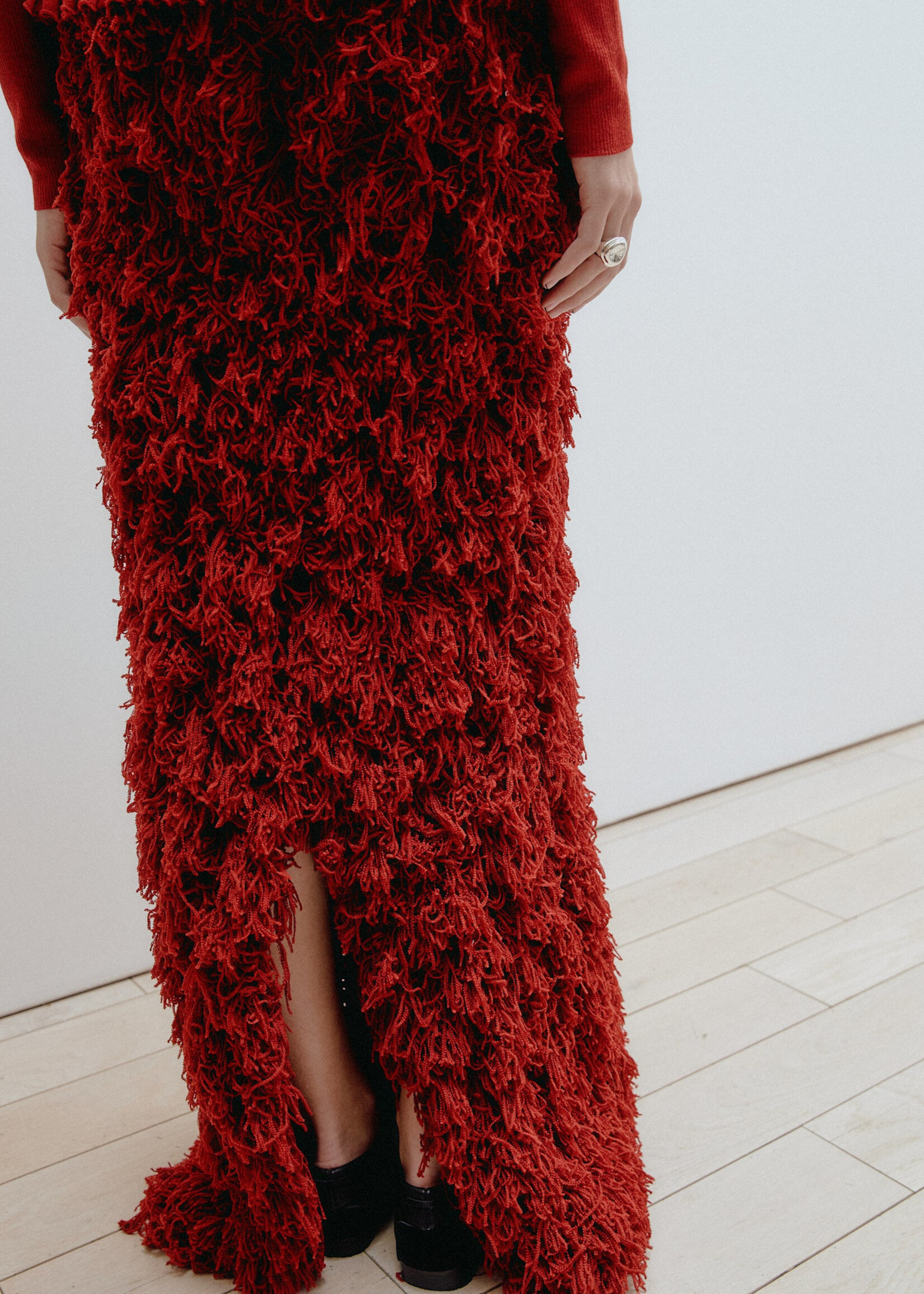 Ashlyn Ashlyn Skirt, Red, Curly Virgin Wool Fringed Long Skirt In Dark Red