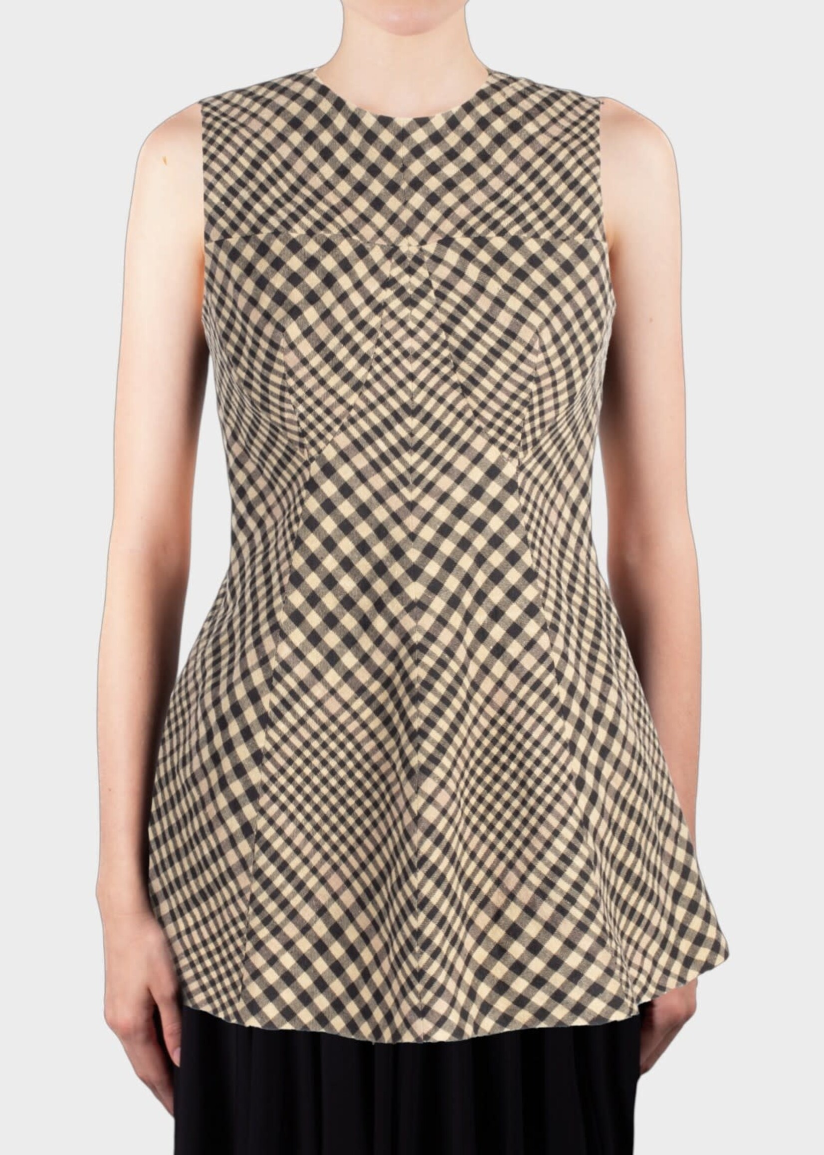 Ashlyn Ashlyn Shirt, Print, Taryn Linen & Wool Crew Neck Peplum Top In Black & Tan w/ Check Print