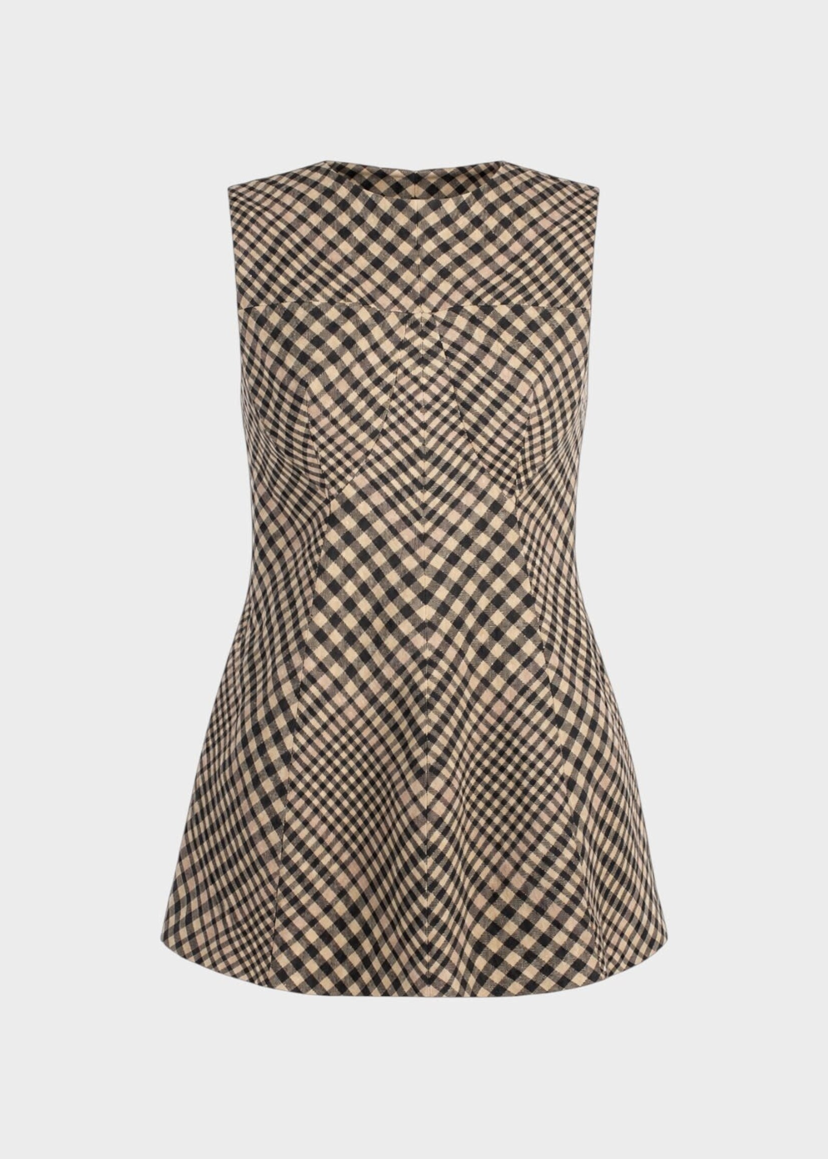 Ashlyn Ashlyn Shirt, Print, Taryn Linen & Wool Crew Neck Peplum Top In Black & Tan w/ Check Print