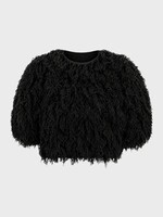 Ashlyn Ashlyn Knitwear, Black, Curly Virgin Wool Short Sleeve Cropped Fringed Pullover In Black