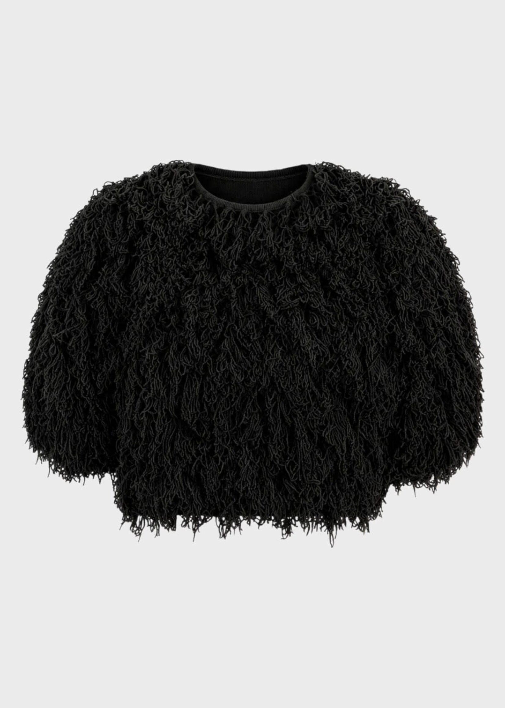 Ashlyn Ashlyn Knitwear, Black, Curly Virgin Wool Short Sleeve Cropped Fringed Pullover In Black