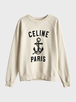Celine Celine Sweatshirt, Multi, Cotton & Cashmere Loose Fit Crew Neck Sweater In Light Ivory & Blue w/ Celine Paris Anchor Print