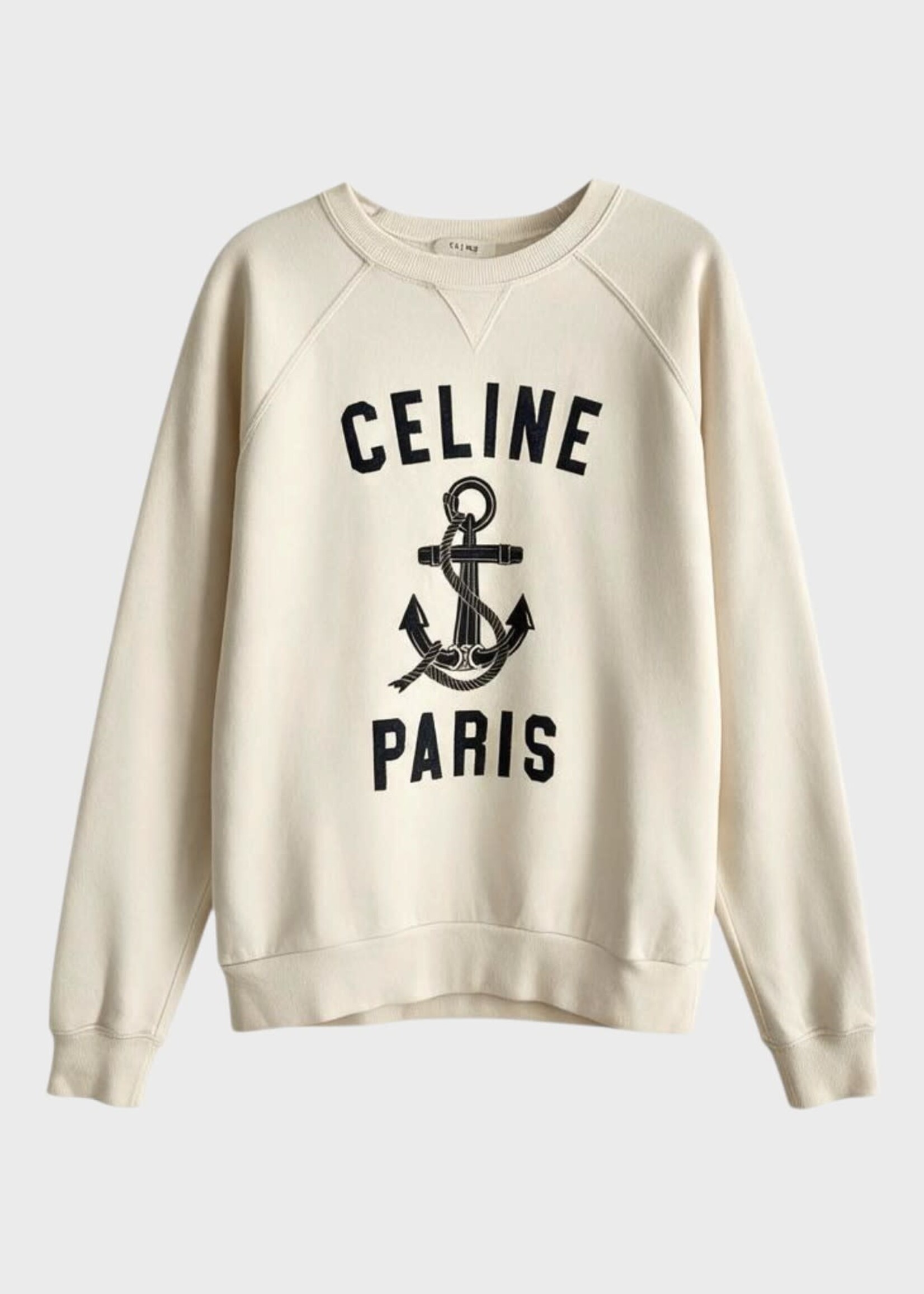 Celine Celine Sweatshirt, Multi, Cotton & Cashmere Loose Fit Crew Neck Sweater In Light Ivory & Blue w/ Celine Paris Anchor Print