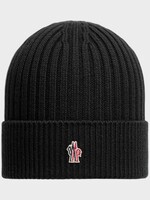 Moncler Grenoble Moncler Grenoble Hat, Black, Wool Ribbed Beanie w/ Logo Embroidery