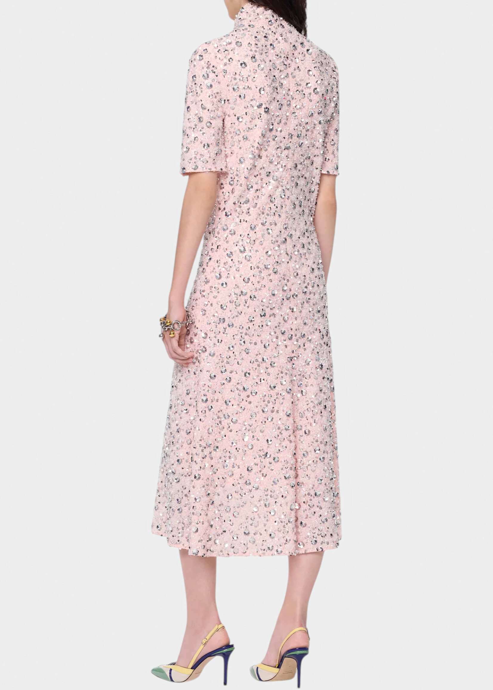 Rabanne Rabanne Dress, Pink, Midi Dress In Light Pink w/ Silver Floral Sequin Embroidery