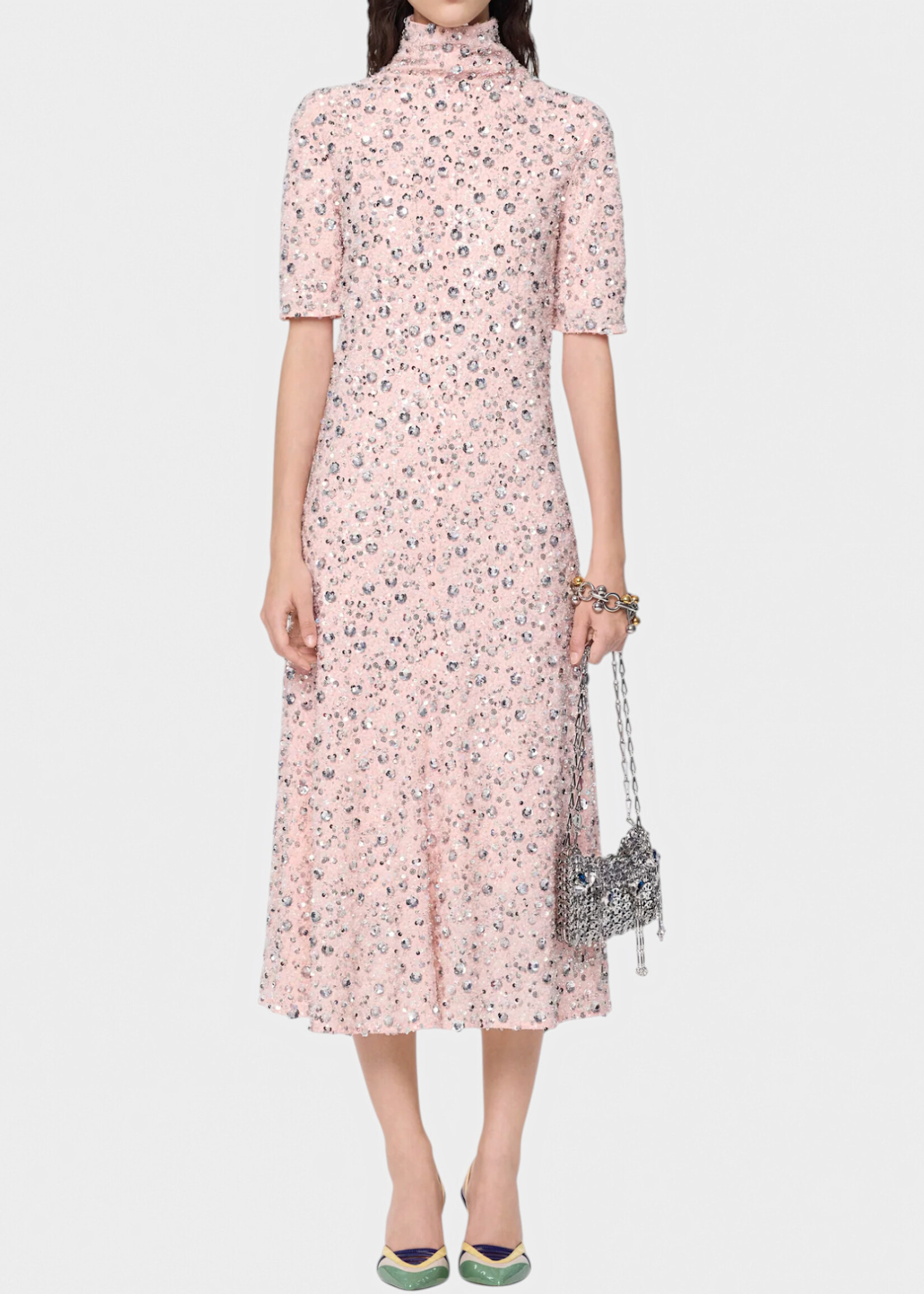 Rabanne Rabanne Dress, Pink, Midi Dress In Light Pink w/ Silver Floral Sequin Embroidery