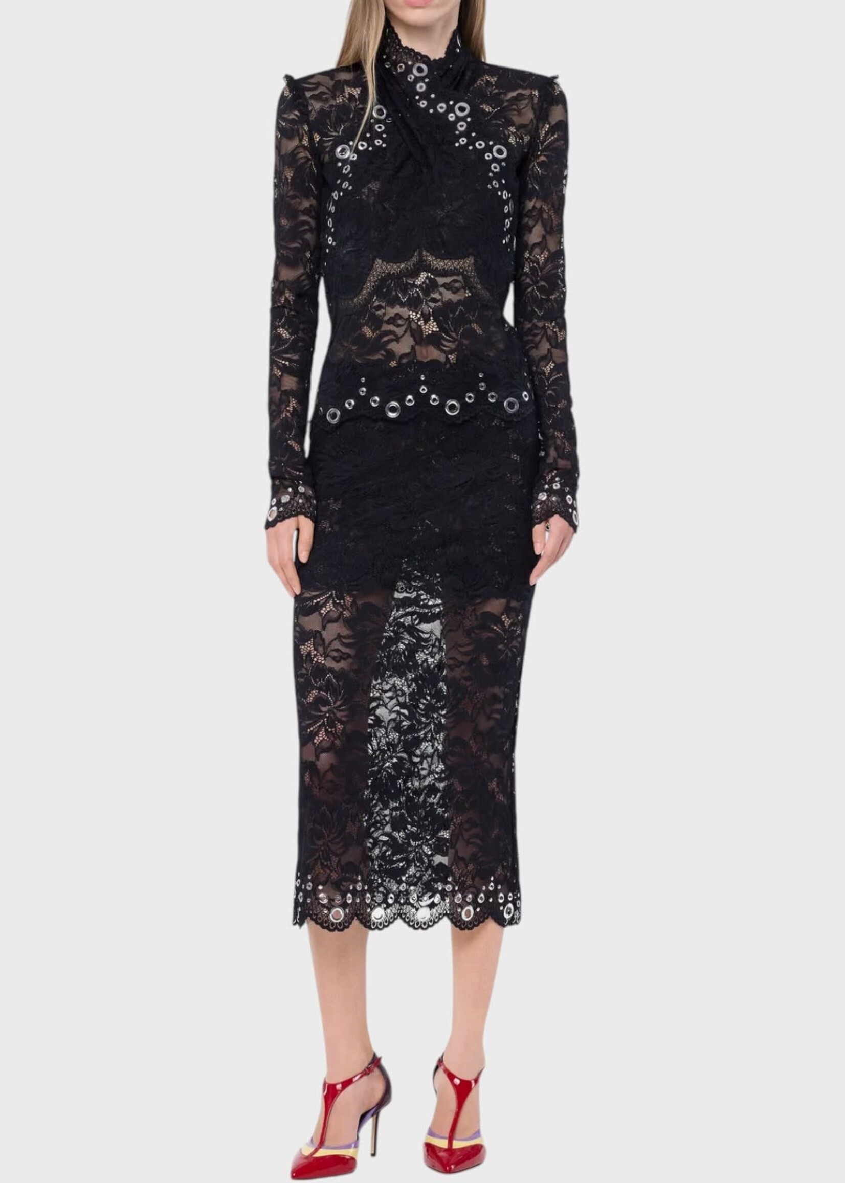 Rabanne Rabanne Top, Black, Layered Lace Long Sleeve Top In Black w/ Silver Eyelets Details