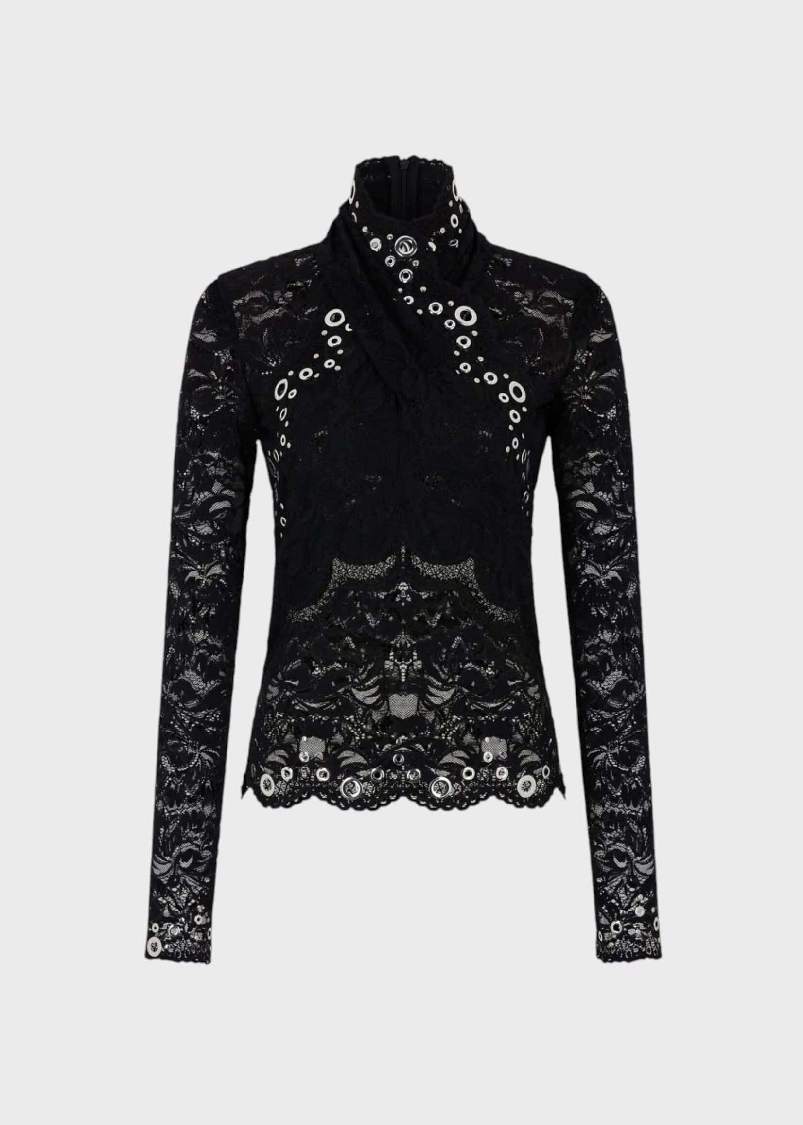 Rabanne Rabanne Top, Black, Layered Lace Long Sleeve Top In Black w/ Silver Eyelets Details