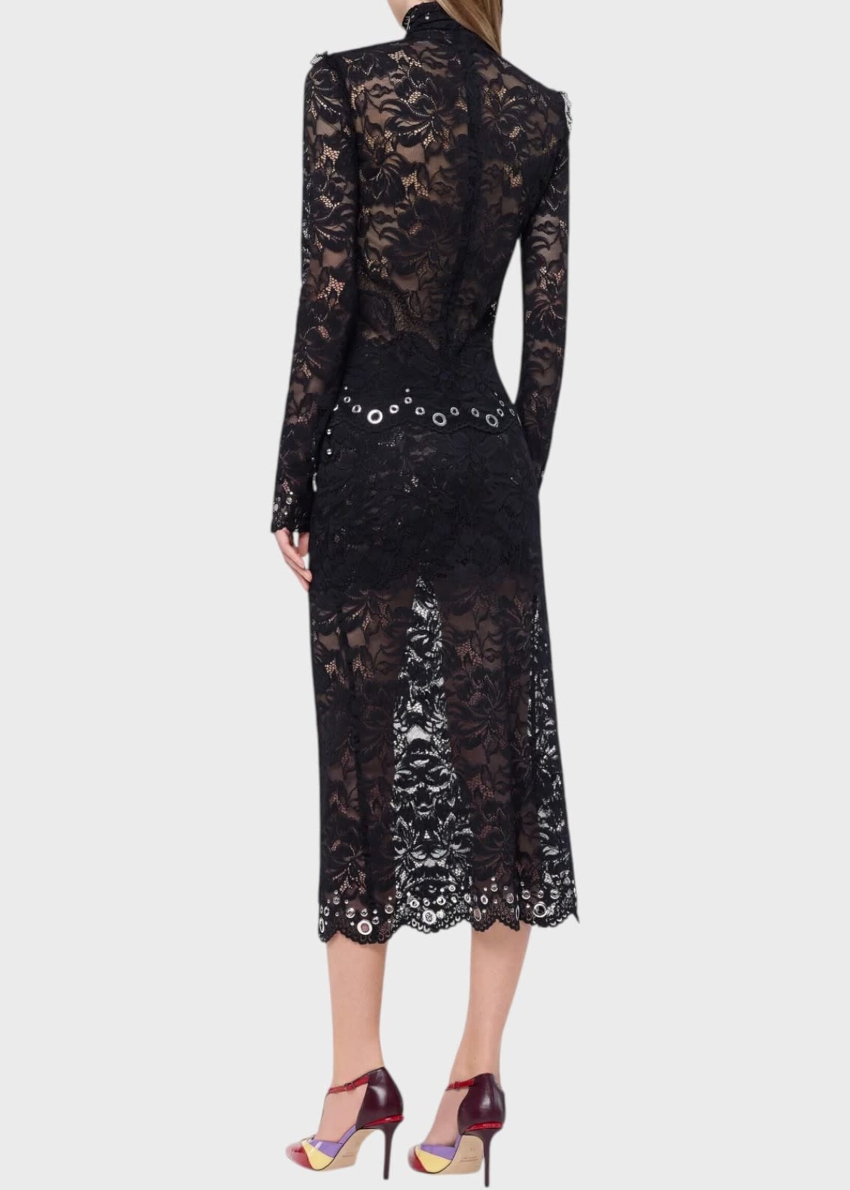 Rabanne Rabanne Top, Black, Layered Lace Long Sleeve Top In Black w/ Silver Eyelets Details