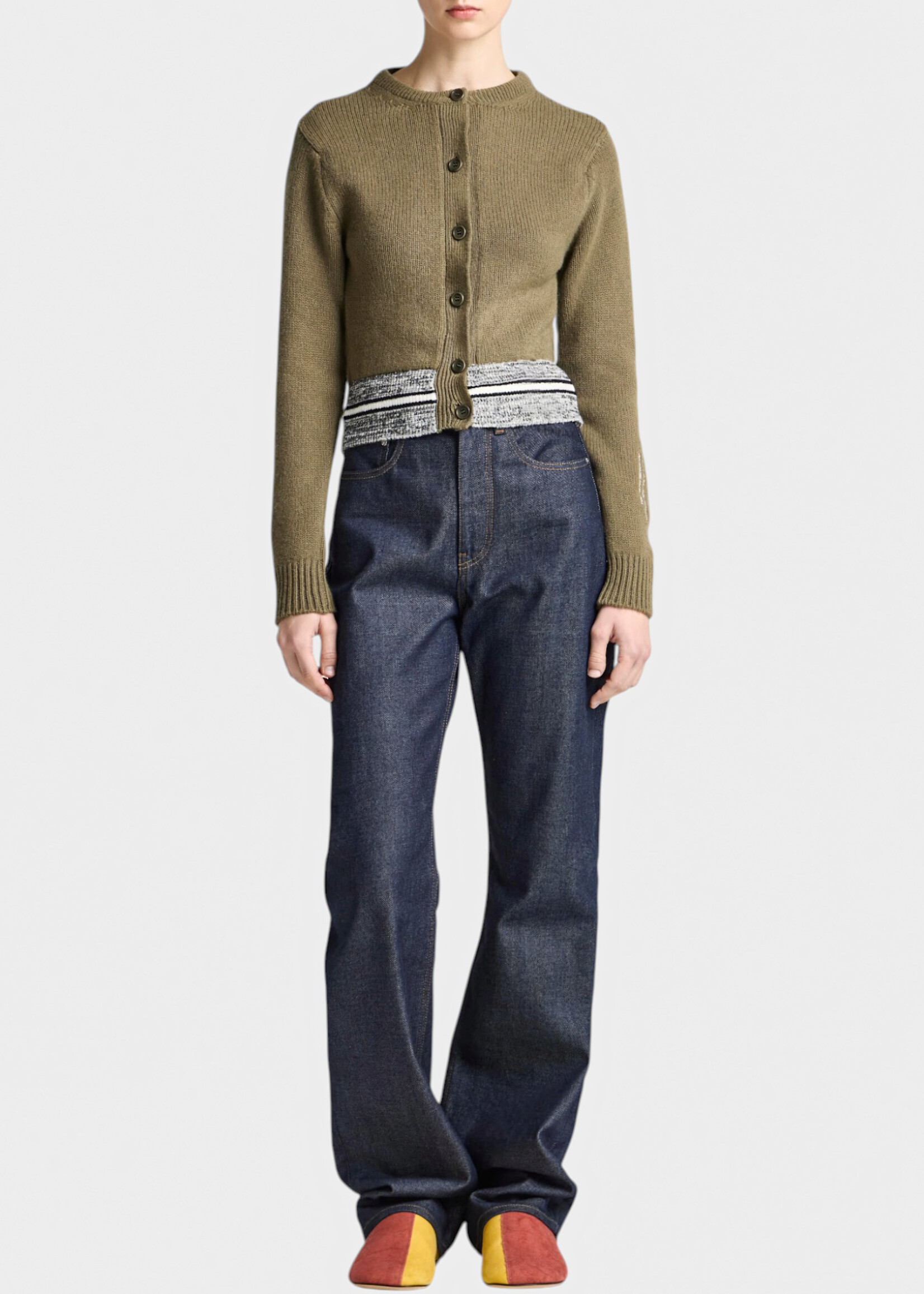 J.W.Anderson J.W.Anderson Knitwear, Green, Wool Crew Neck Contrast Trim Cardigan In Khaki
