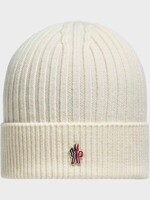 Moncler Grenoble Moncler Grenoble Hat, White, Wool Ribbed Beanie w/ Logo Embroidery