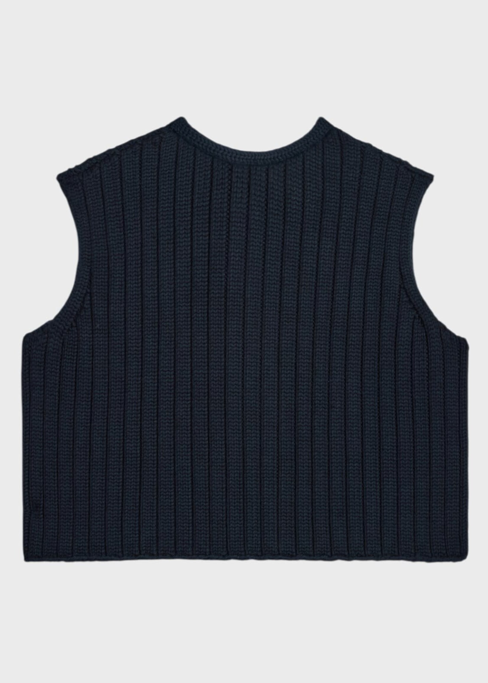 Celine Celine Knitwear, Navy, Wool Crew Neck Short Ribbed Cardigan Vest In Navy