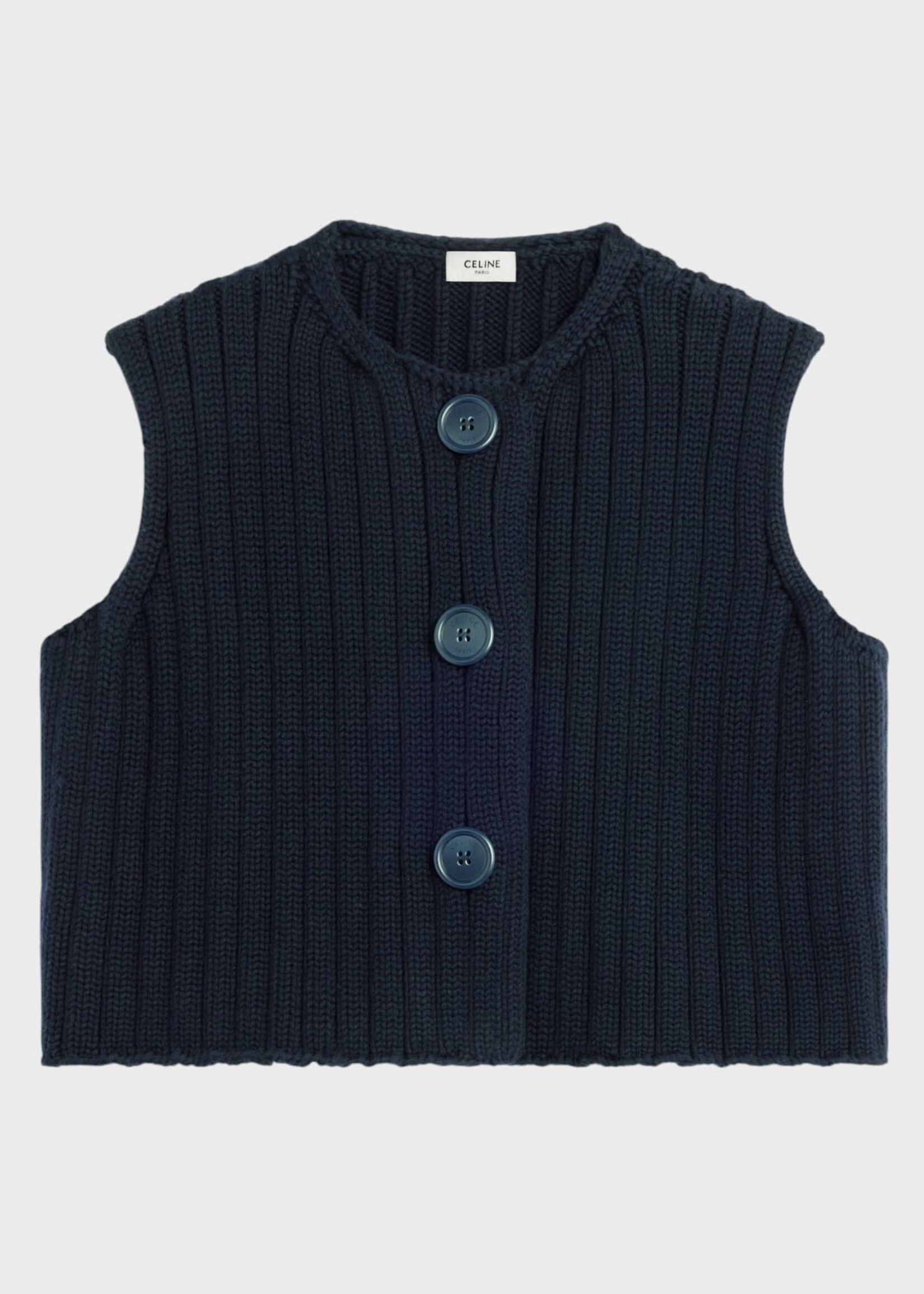 Celine Celine Knitwear, Navy, Wool Crew Neck Short Ribbed Cardigan Vest In Navy