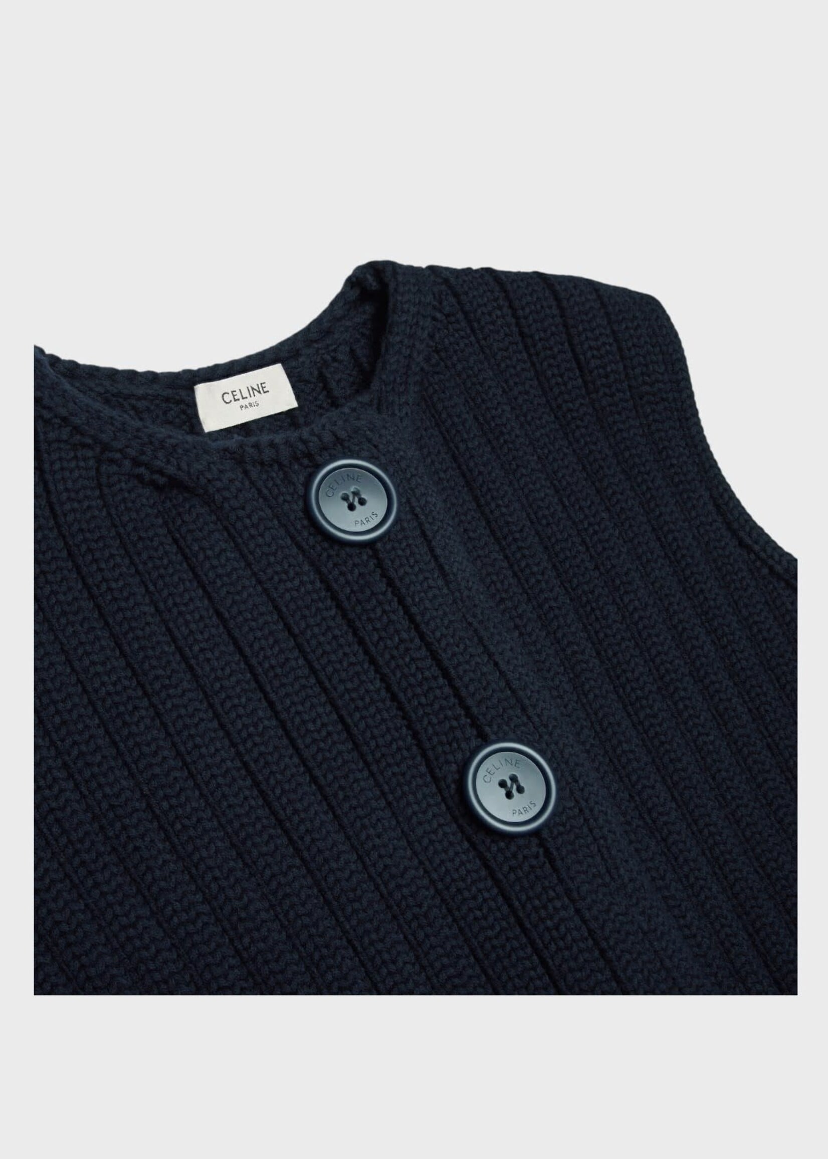 Celine Celine Knitwear, Navy, Wool Crew Neck Short Ribbed Cardigan Vest In Navy