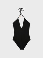 Celine Celine Swimwear, Black, Crossed V-Neck Matte One Piece Swimsuit In Black