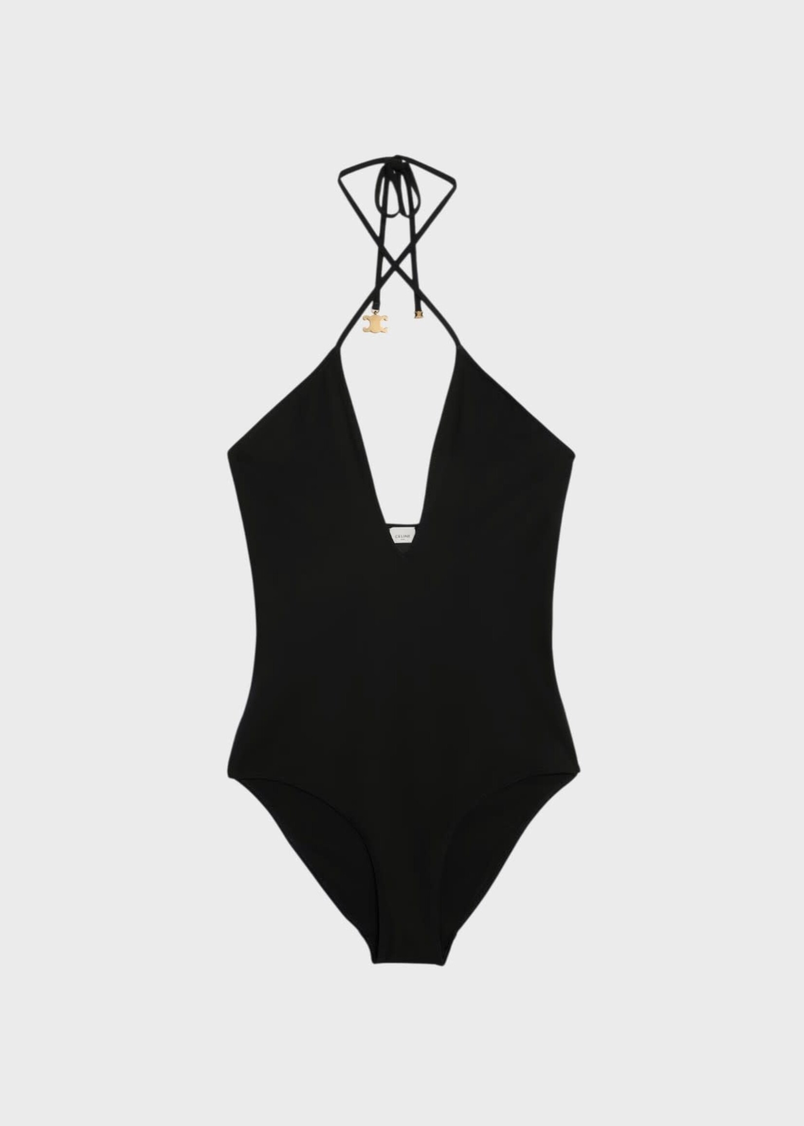 Celine Celine Swimwear, Black, Crossed V-Neck Matte One Piece Swimsuit In Black