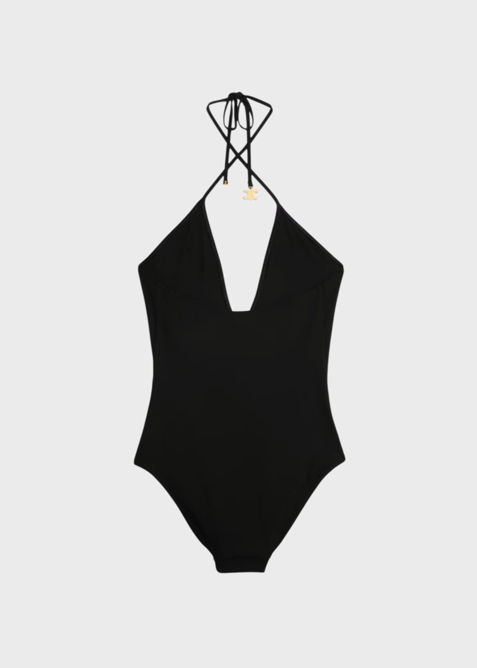 Celine Celine Swimwear, Black, Crossed V-Neck Matte One Piece Swimsuit In Black