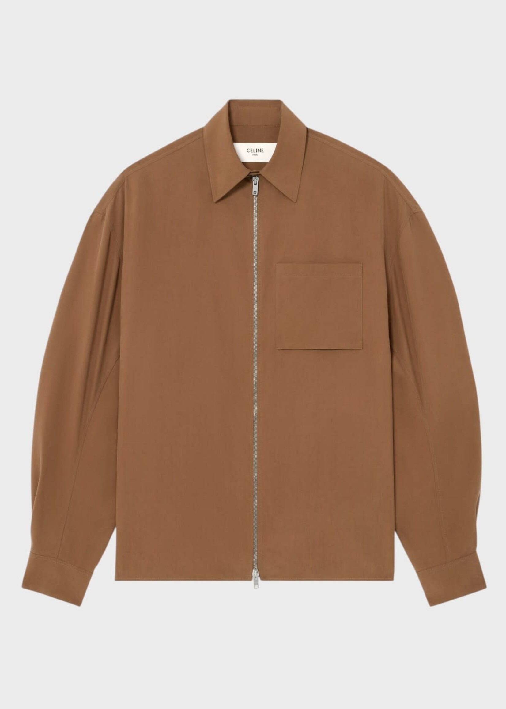 Celine Celine Jacket, Brown, Silk Loose Fit Zipped Overshirt In Noix w/ Chest Pocket