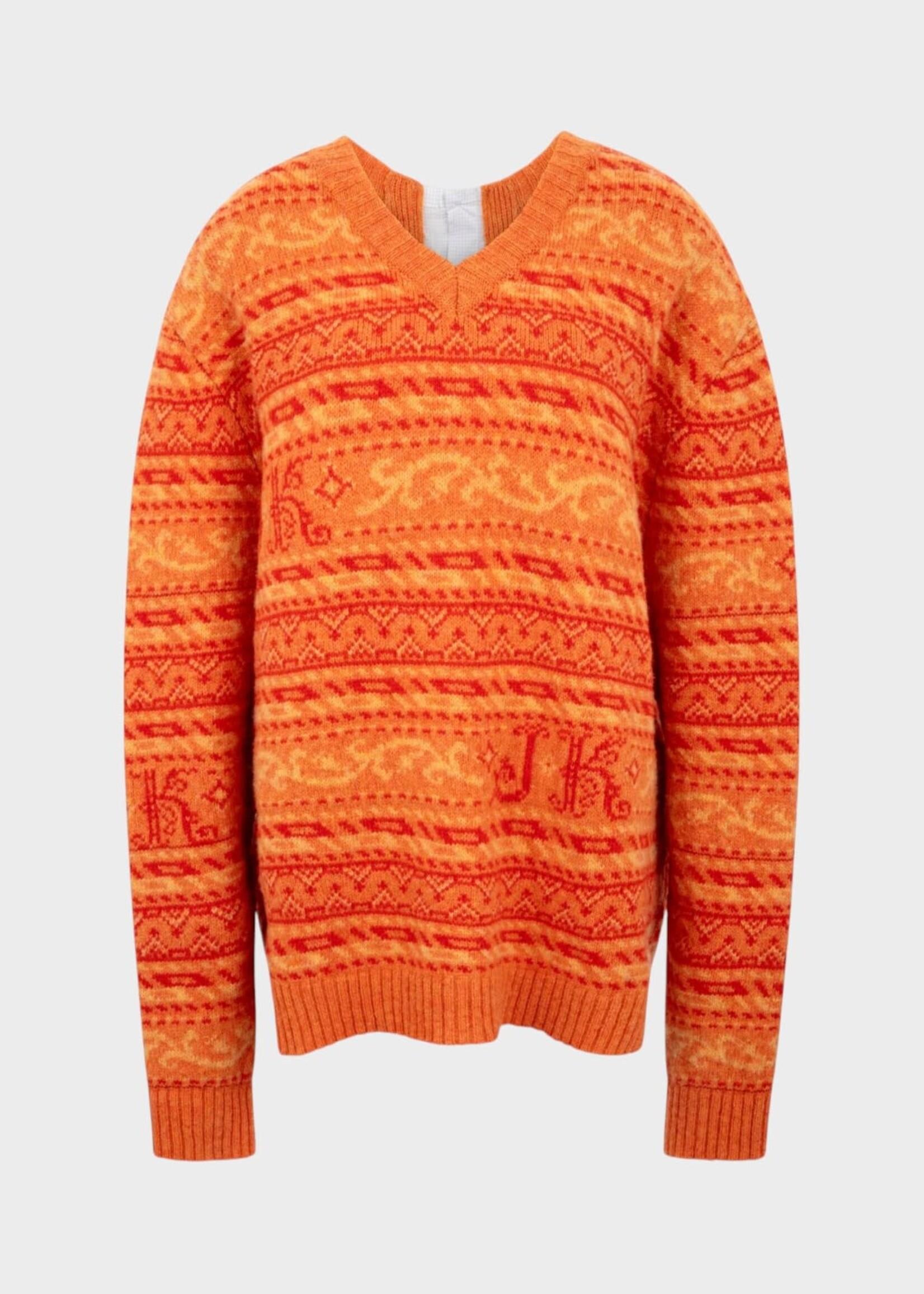 Julie Kegels Julie Kegels Knitwear, Orange, Kair Wool V-Neck Jumper In Orange w/ All-Over Geometric Pattern