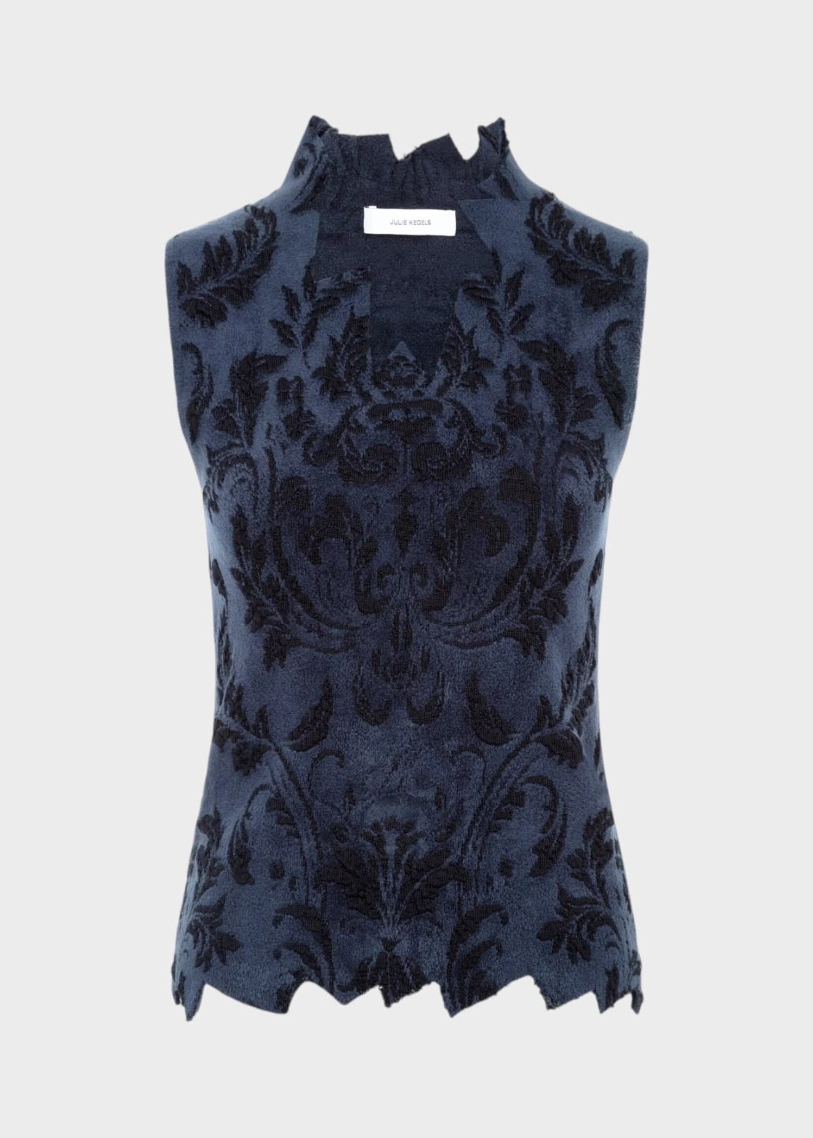 Julie Kegels Julie Kegels Top, Navy, Kox Sleeveless Zigzag Top In Navy w/ Floral Damask Pattern