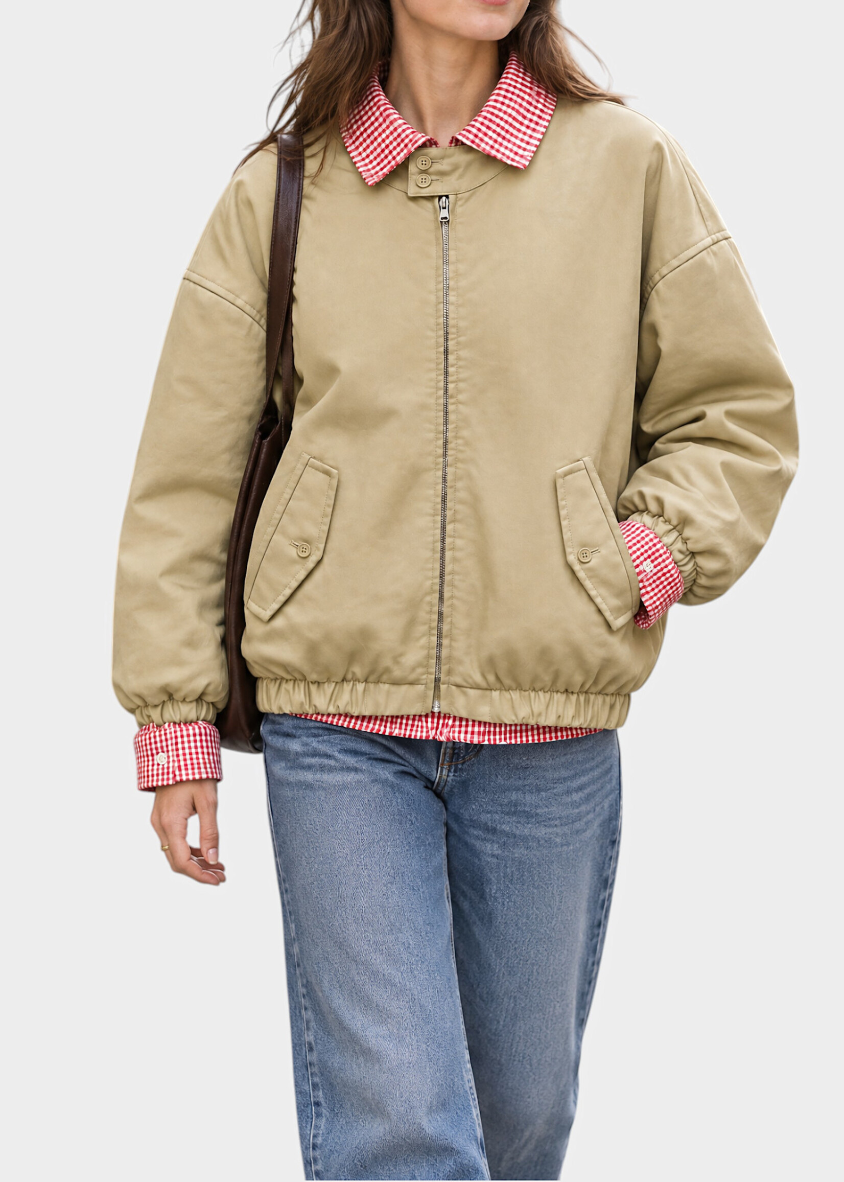 Marie Adam-Leenaerdt Marie Adam-Leenaerdt Jacket, Beige, Cotton Reversible Harrington Jacket Shirt In Beige & Vichy