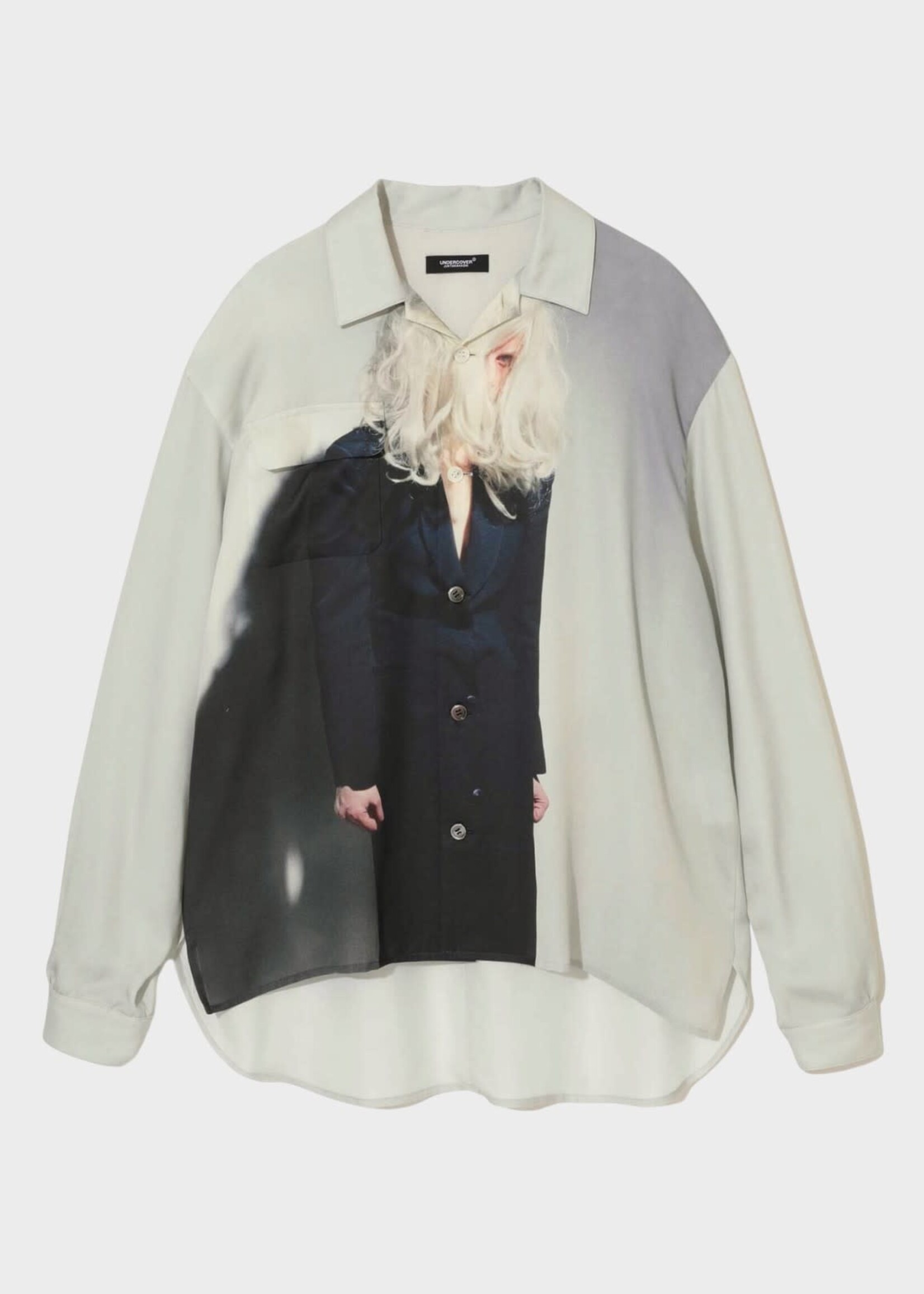 Undercover Undercover Shirt, Print, Oversized Collared Shirt in Light Beige Grey w/ Cindy Sherman Artwork Print