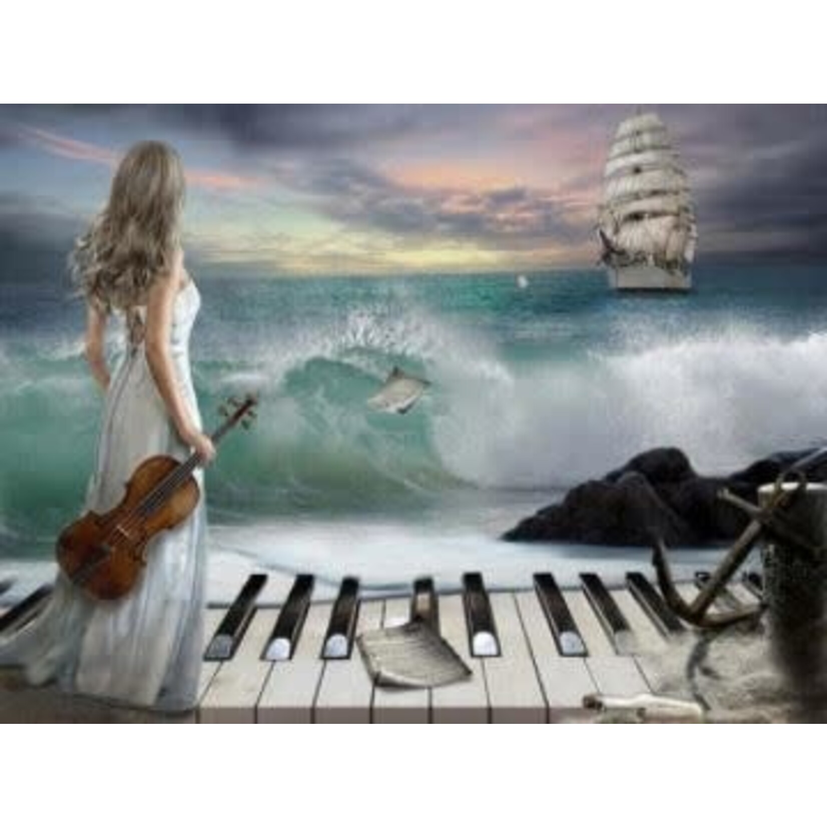 dame met viool aan zee